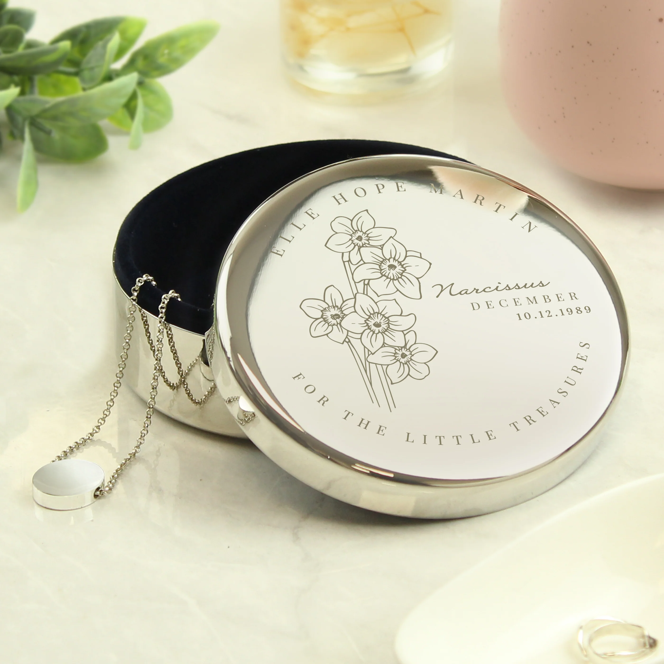 Personalised Birth Month Birth Flower Round Trinket Box - Image 45