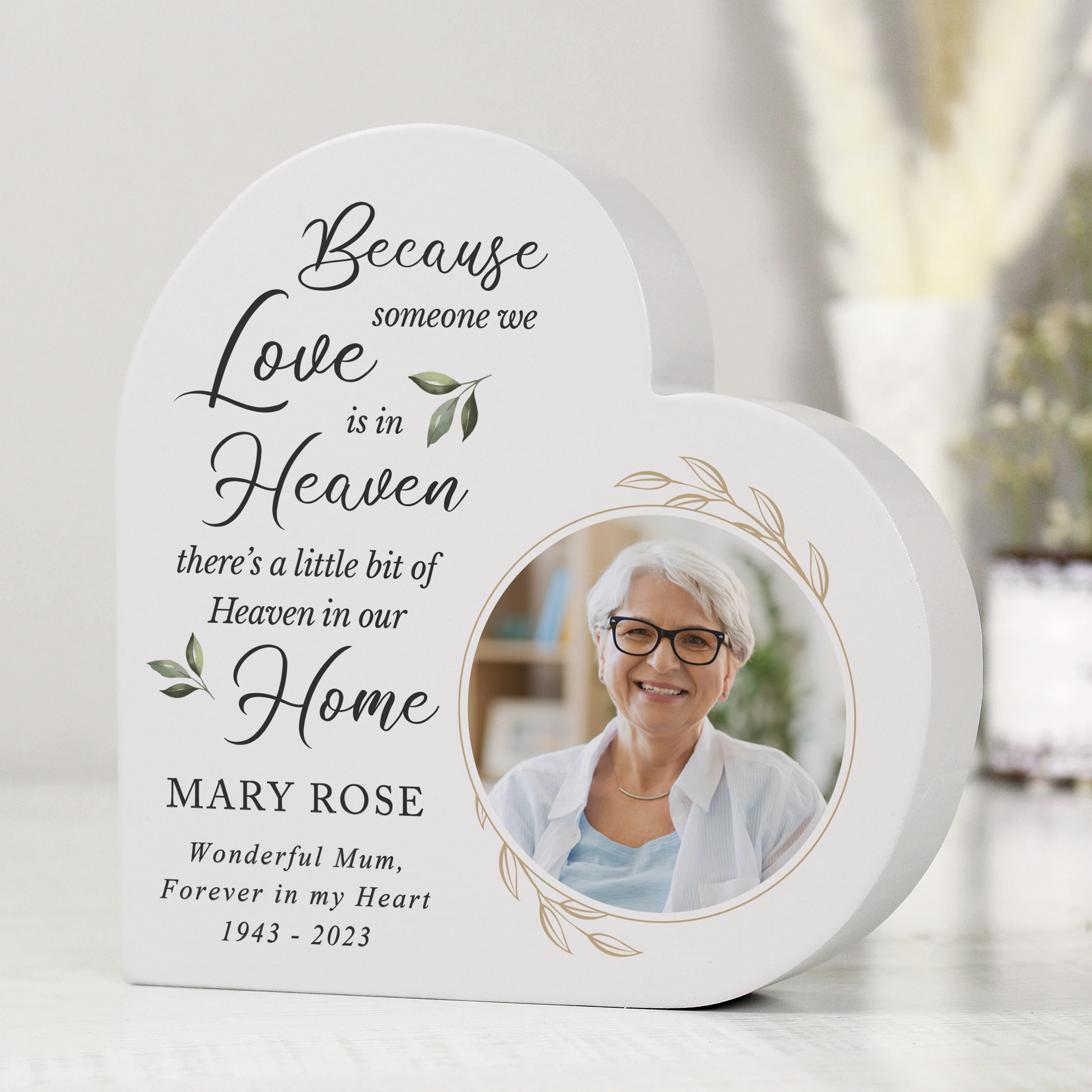Personalised Botanical Memorial Photo Upload Free Standing Heart Ornament - Image 2
