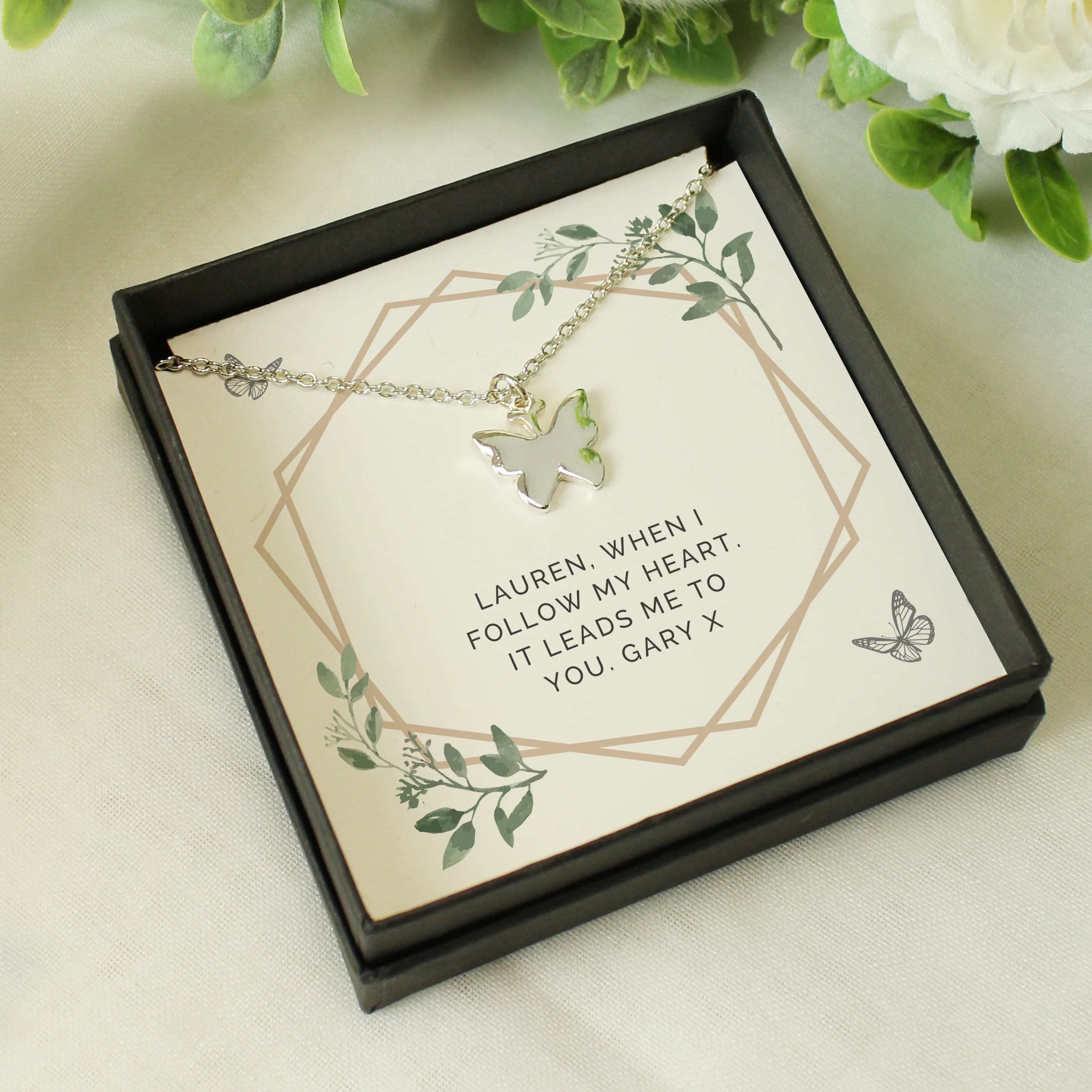 Personalised Botanical Sentiment Butterfly Necklace and Box - Image 6