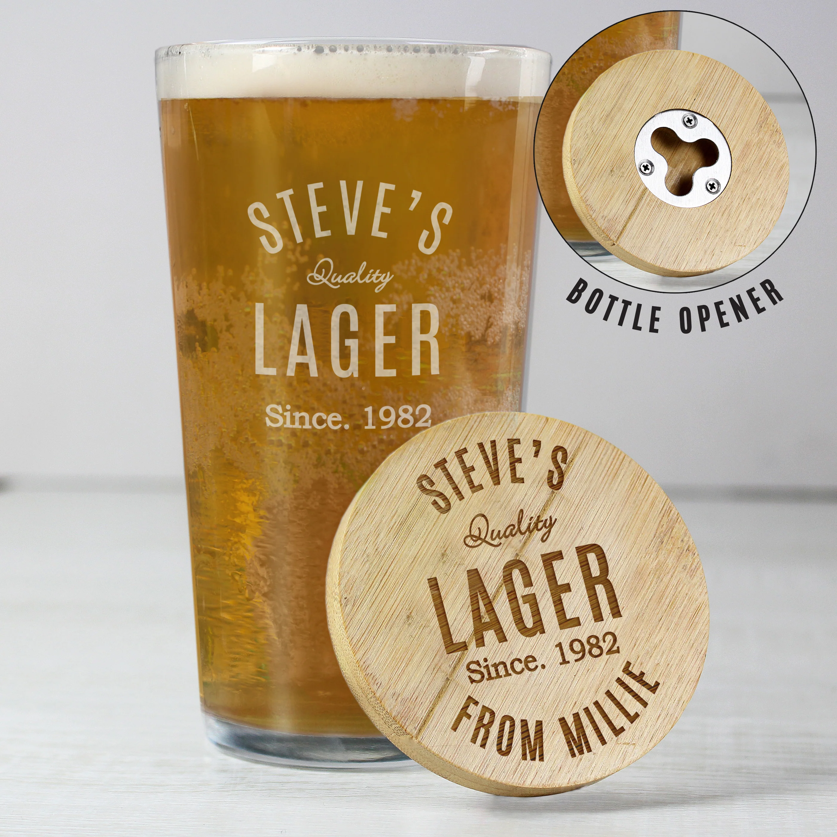 Personalised Bottle Opener Coaster and Pint Glass