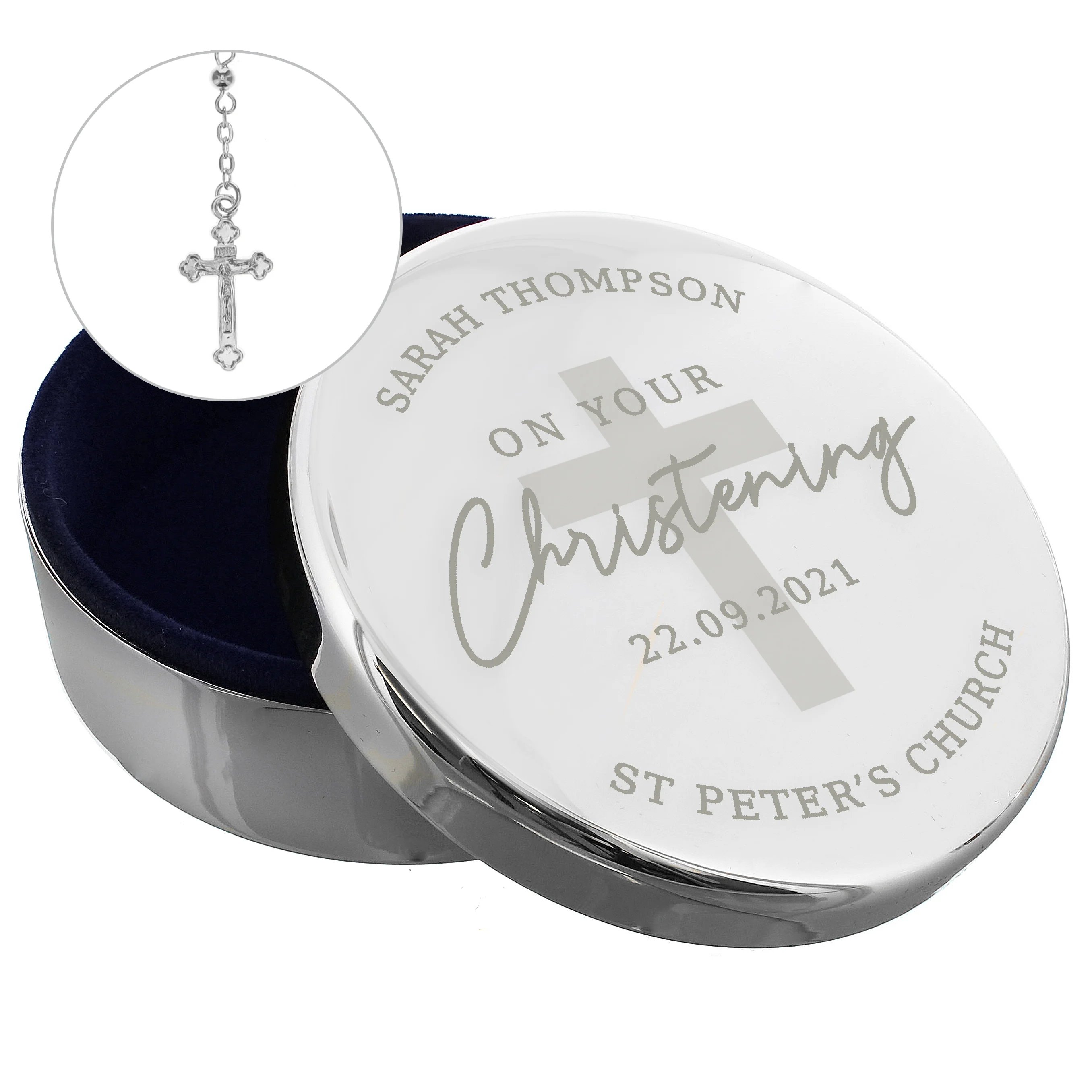 Personalised Christening Round Trinket Box & Rosary Beads Set - Image 3