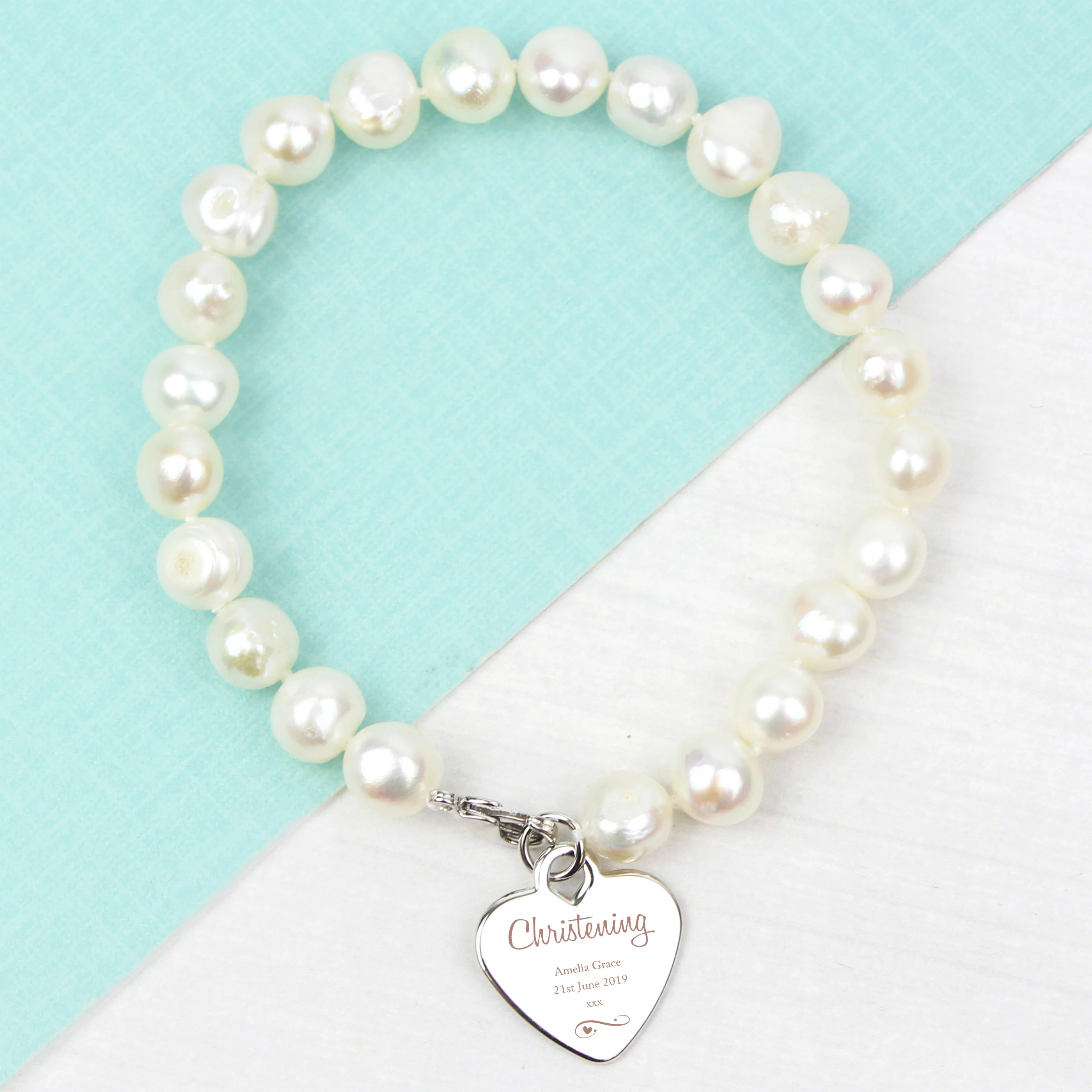 Personalised Christening Swirls & Hearts White Freshwater Pearl Bracelet - Image 7