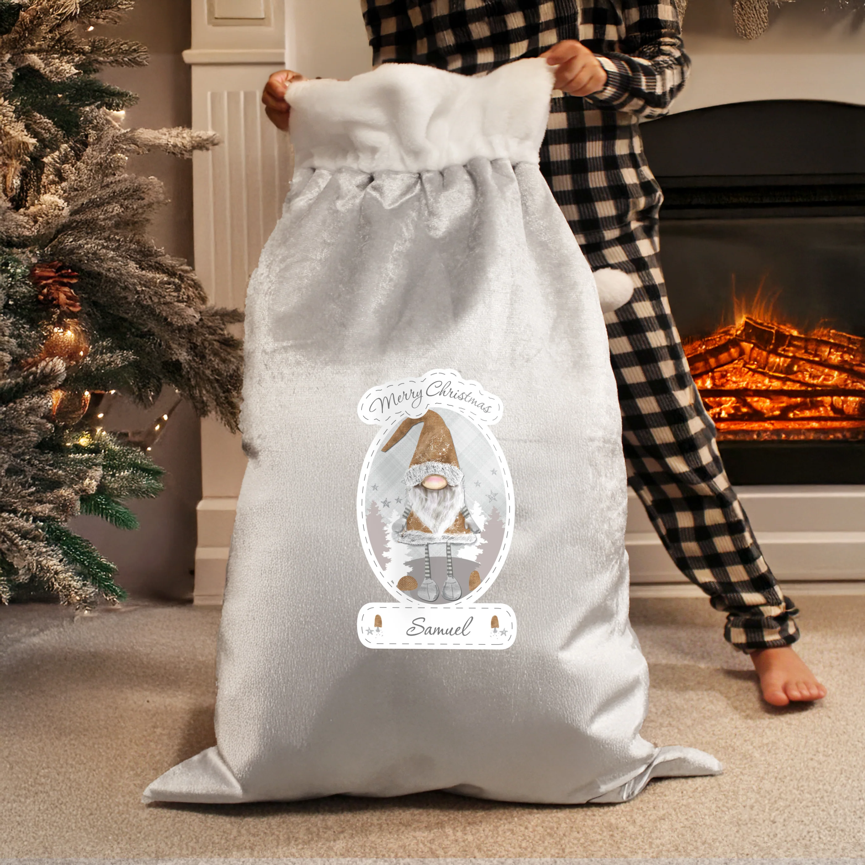 Personalised Christmas Gonk Luxury Silver Grey Pom Pom Sack - Image 3