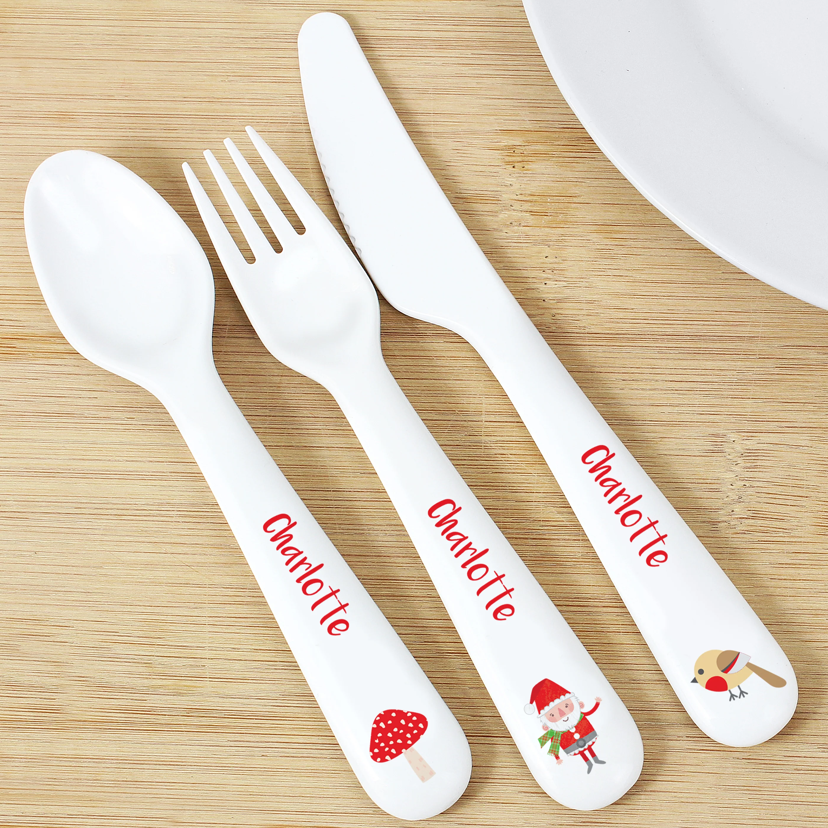 Personalised Christmas Toadstool Santa 3 Piece Plastic Cutlery Set - Image 4
