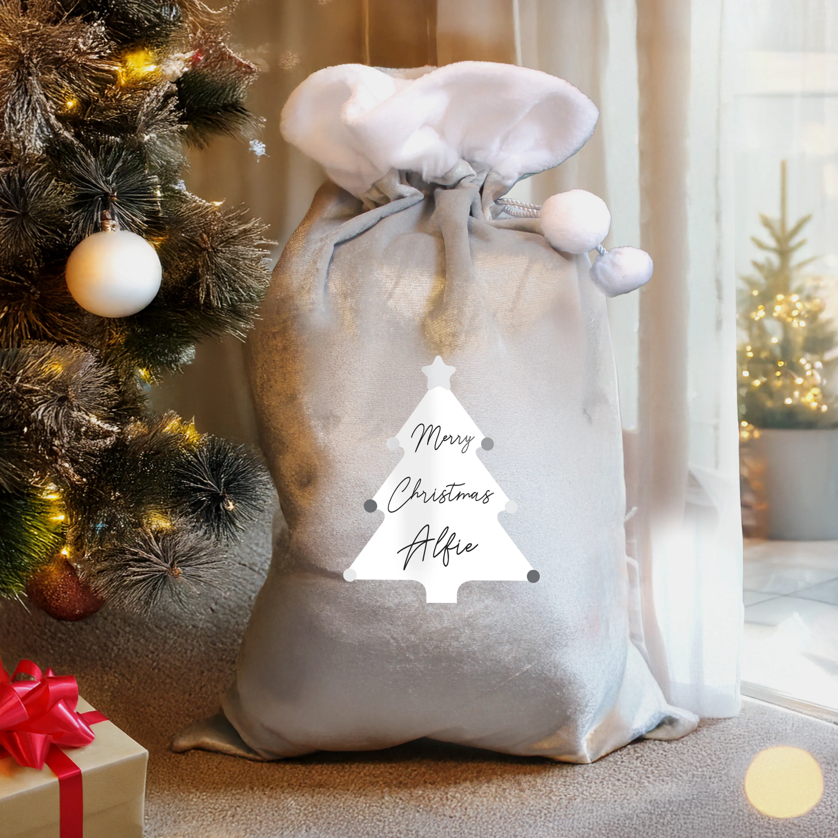 Personalised Christmas Tree Luxury Silver Grey Pom Pom Sack - Image 2