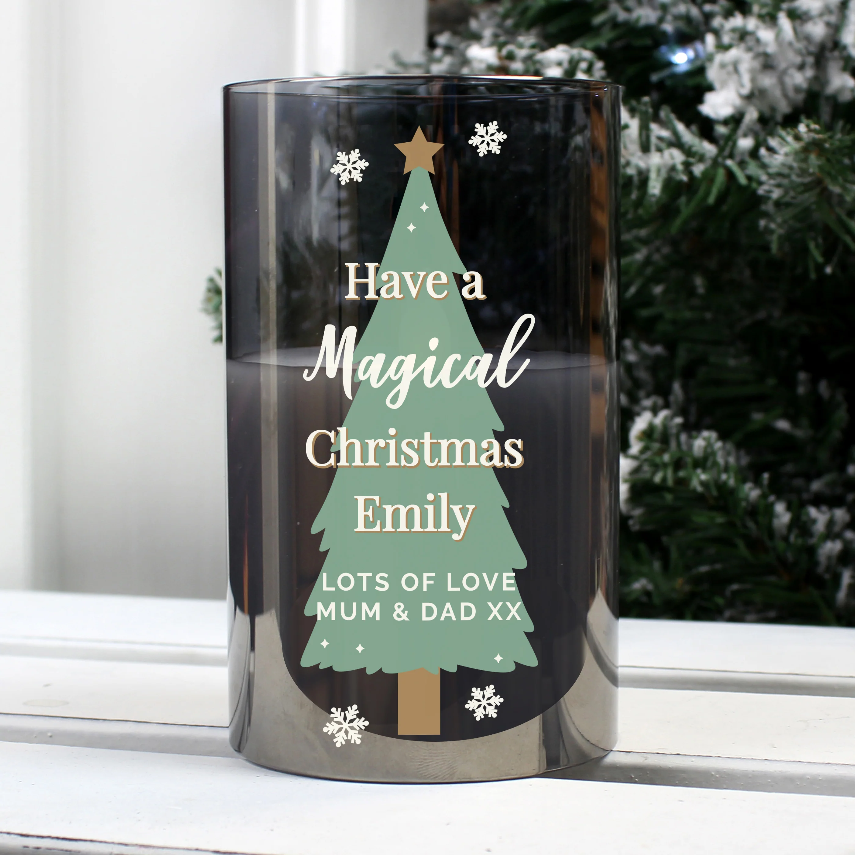 Personalised Christmas Tree Smoked Glass LED Candle - Image 3