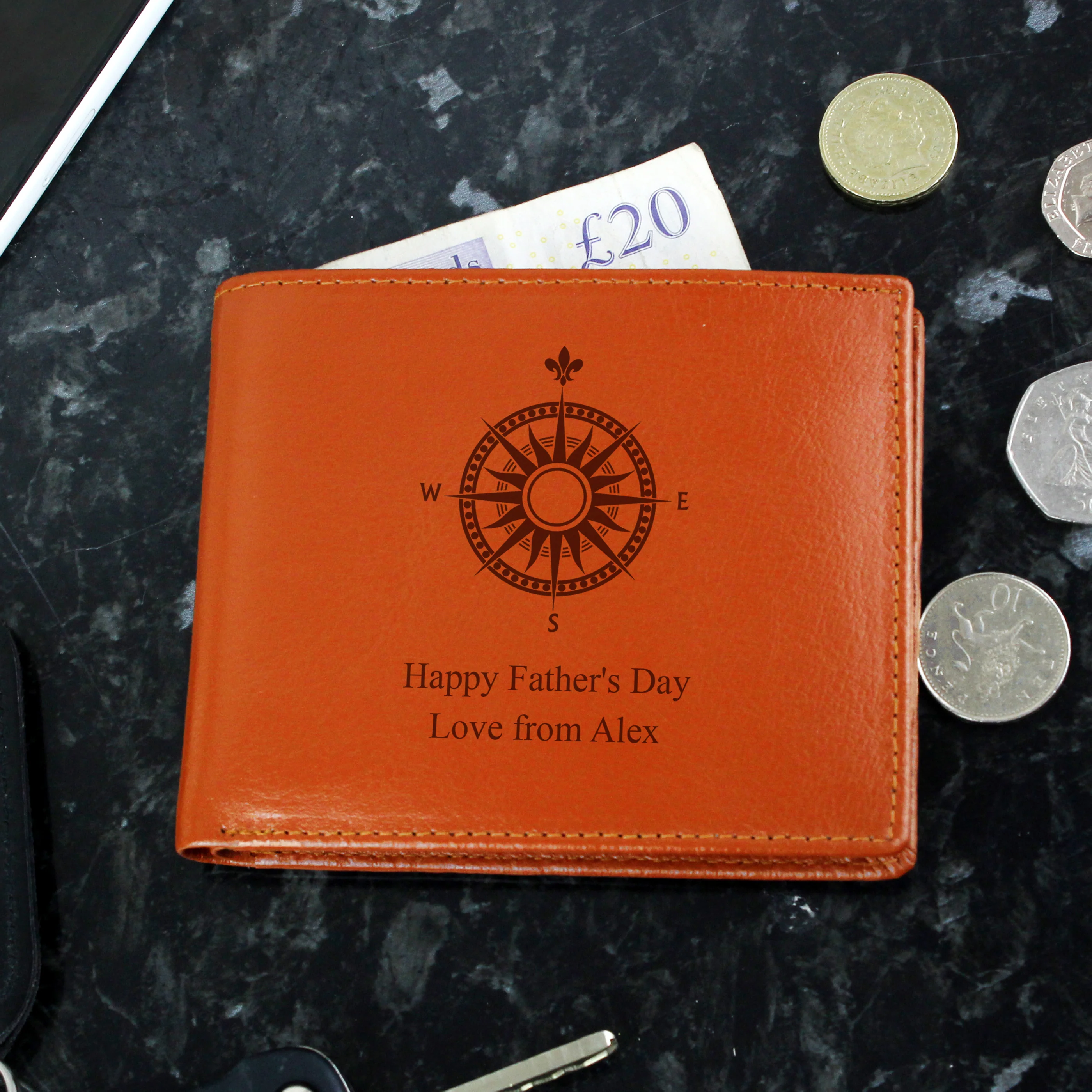 Personalised Compass Tan Leather Wallet - Image 3