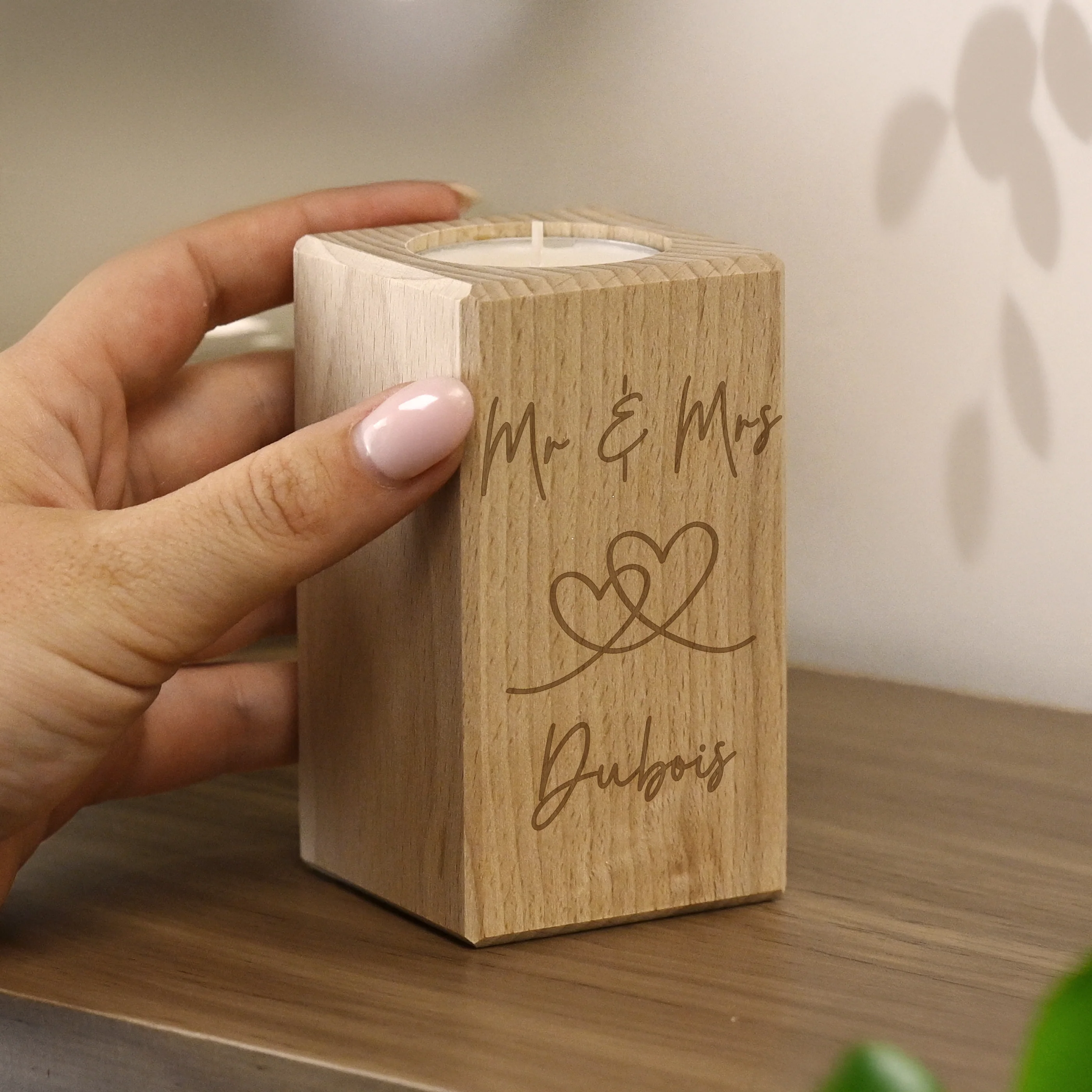 Personalised Engraved Hearts Wooden Tealight Holder - Image 2