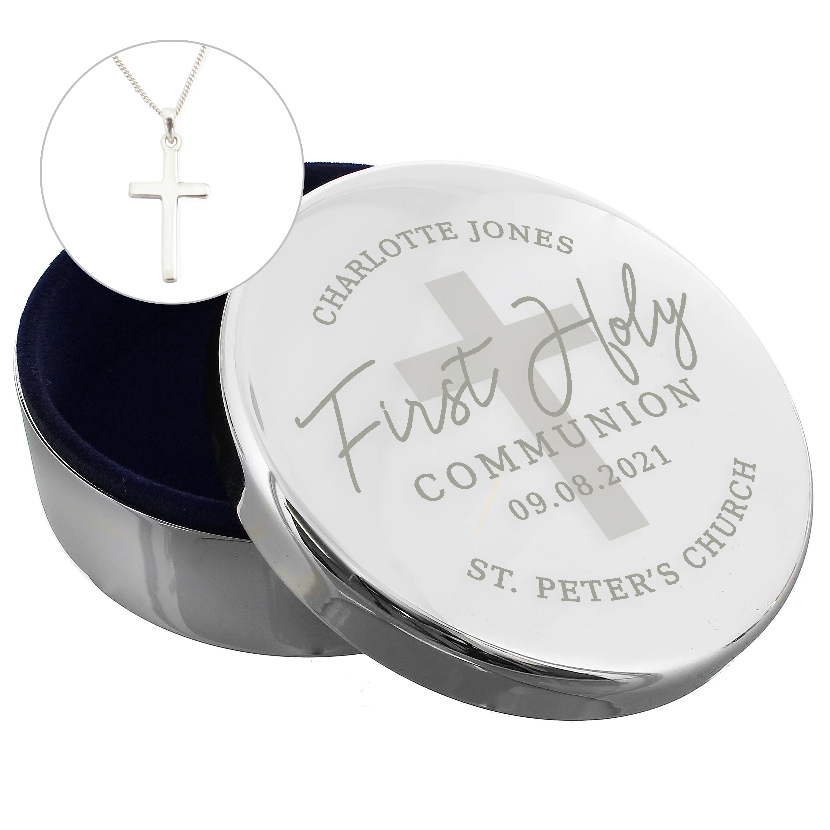 Personalised First Holy Communion Round Trinket Box & Cross Necklace Set - Image 2