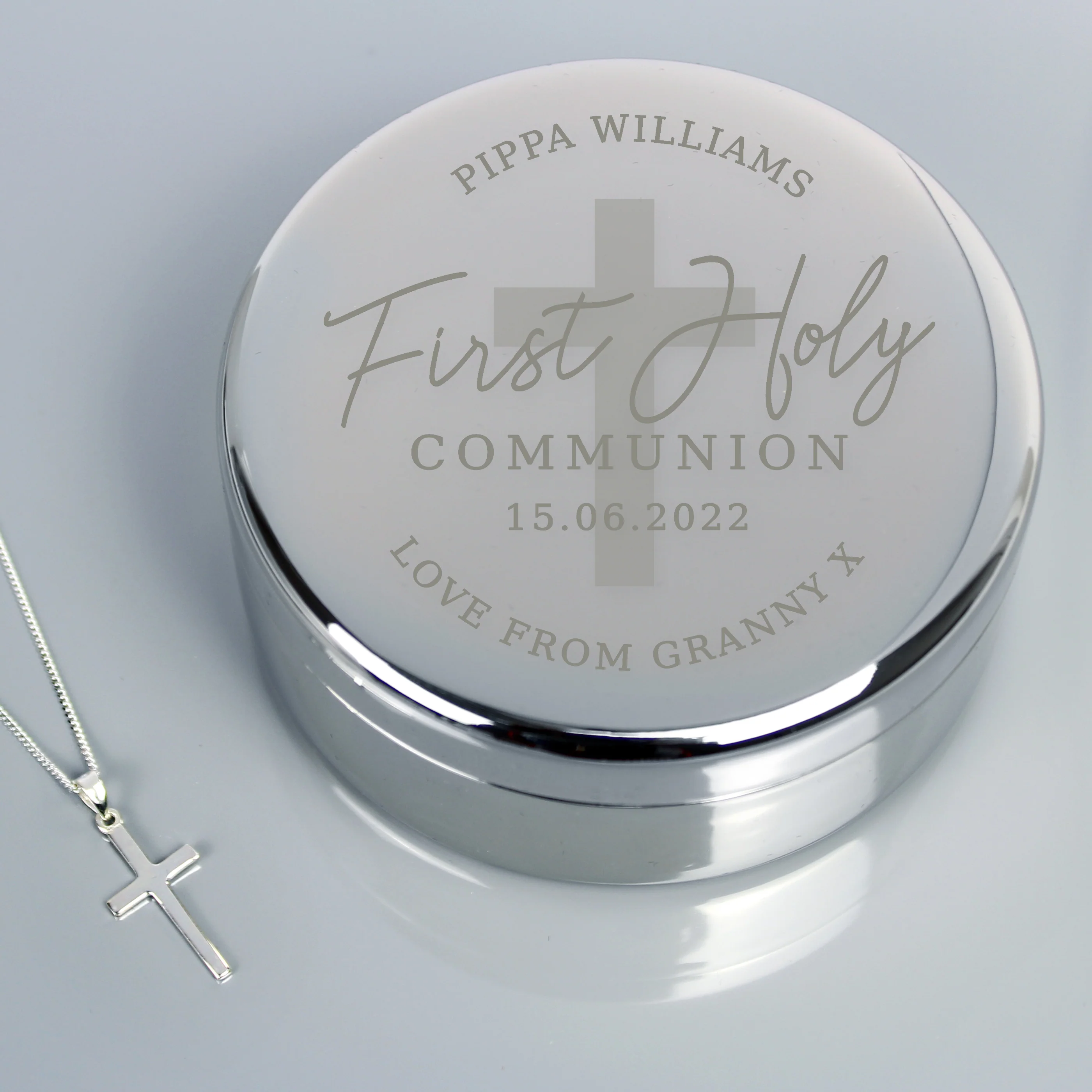 Personalised First Holy Communion Round Trinket Box & Cross Necklace Set - Image 3