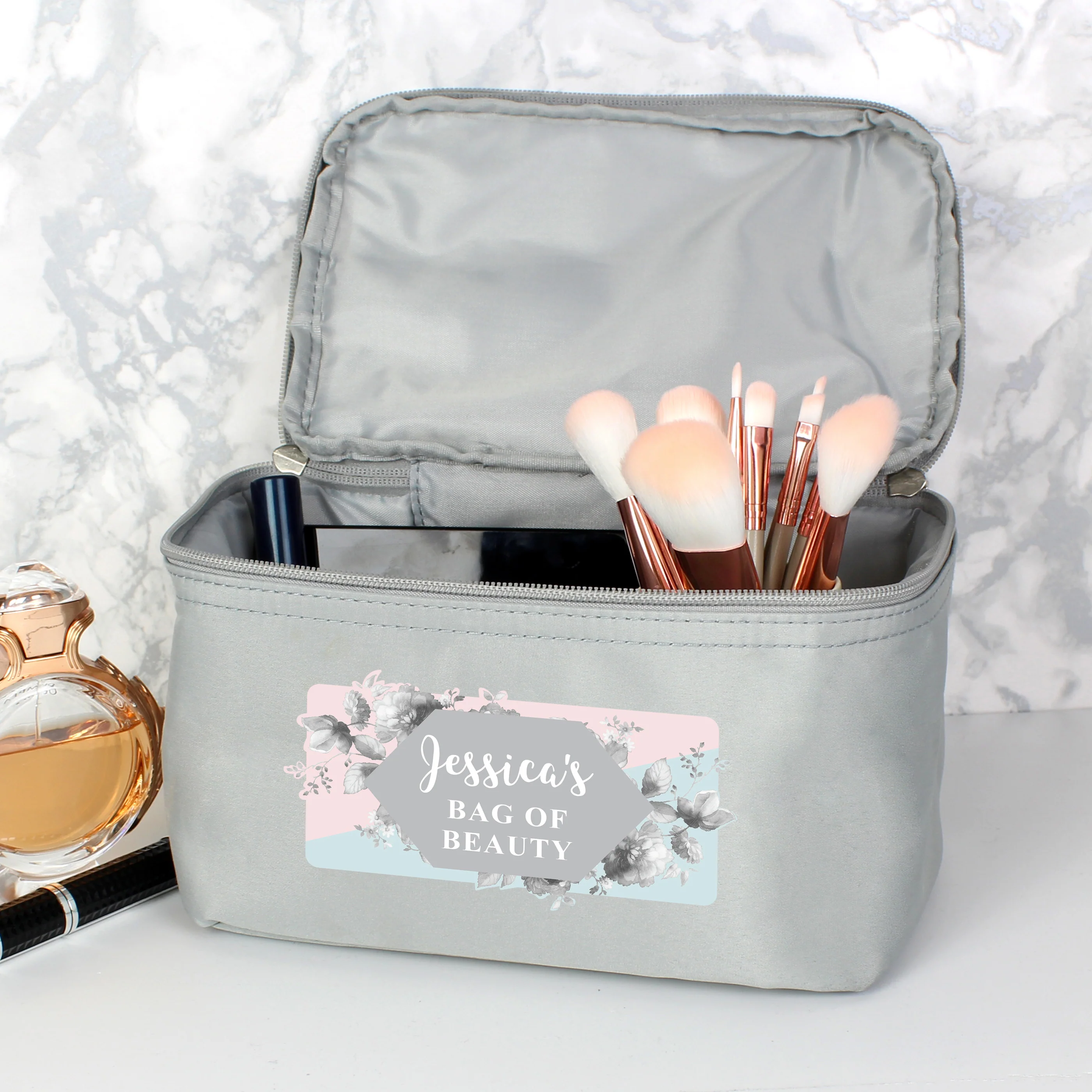 Personalised Floral Grey Toiletry Bag - Image 3