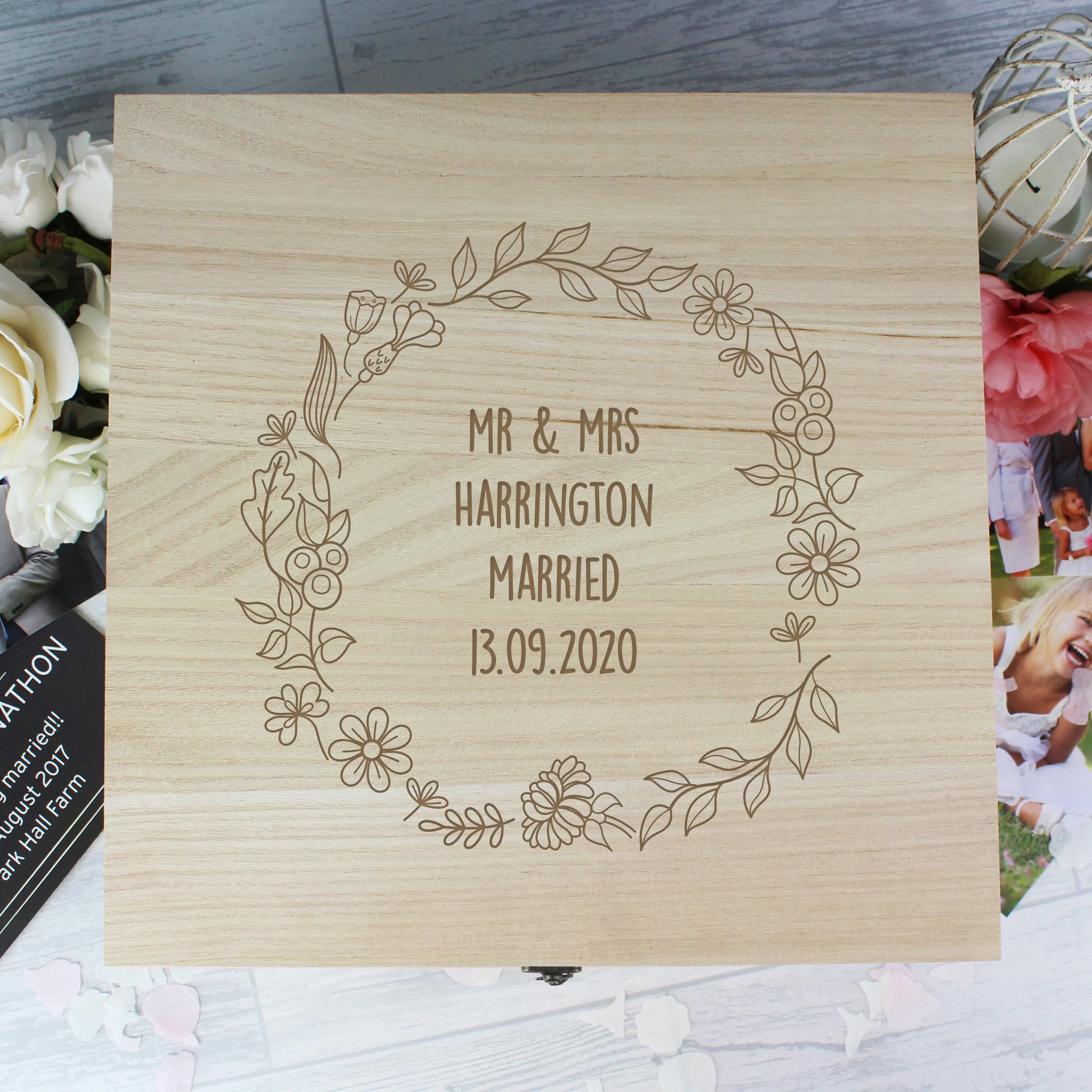 Personalised Floral Wreath Large Wooden Keepsake Box - Image 5
