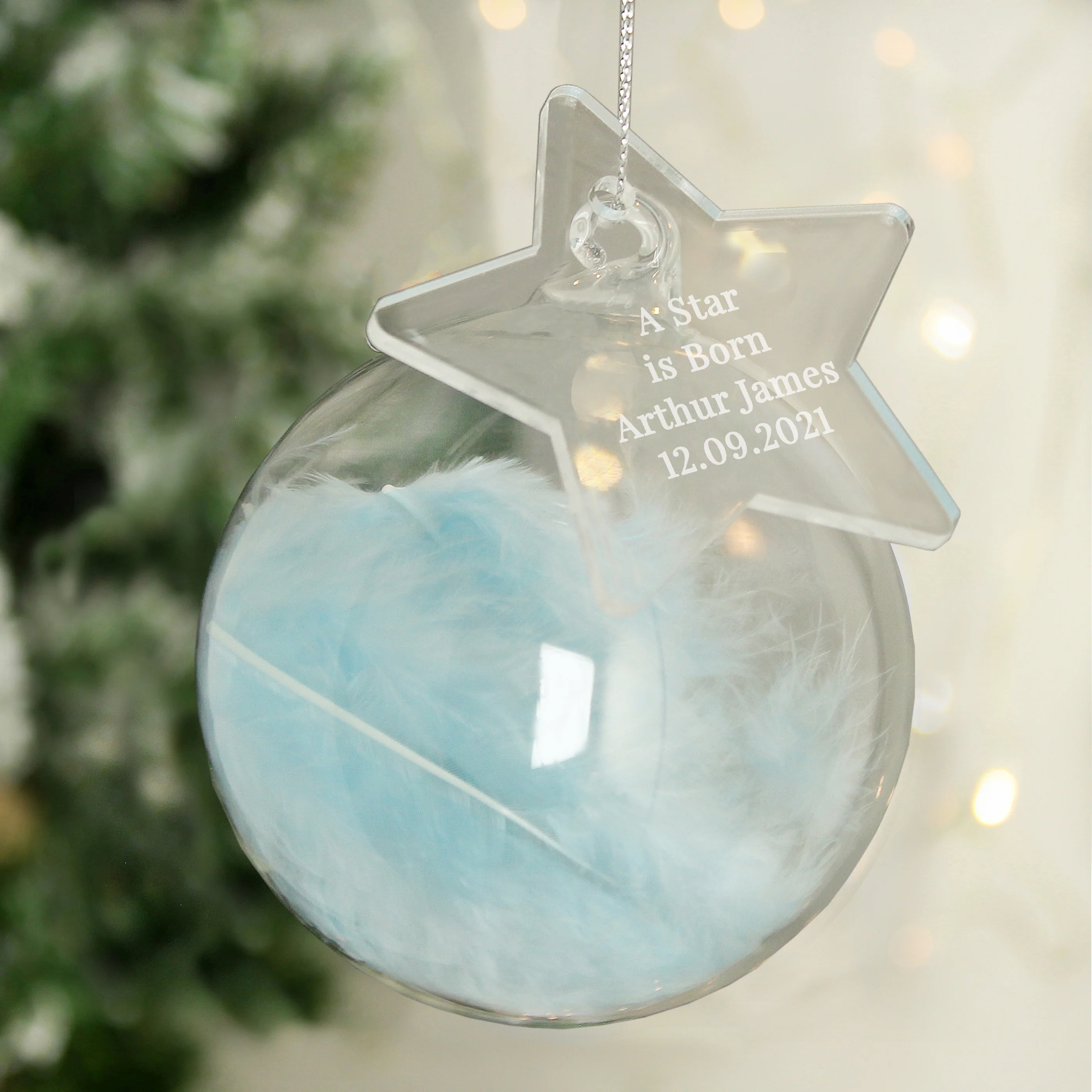 Personalised Free Text Blue Feather Glass Bauble With Star Tag - Image 4