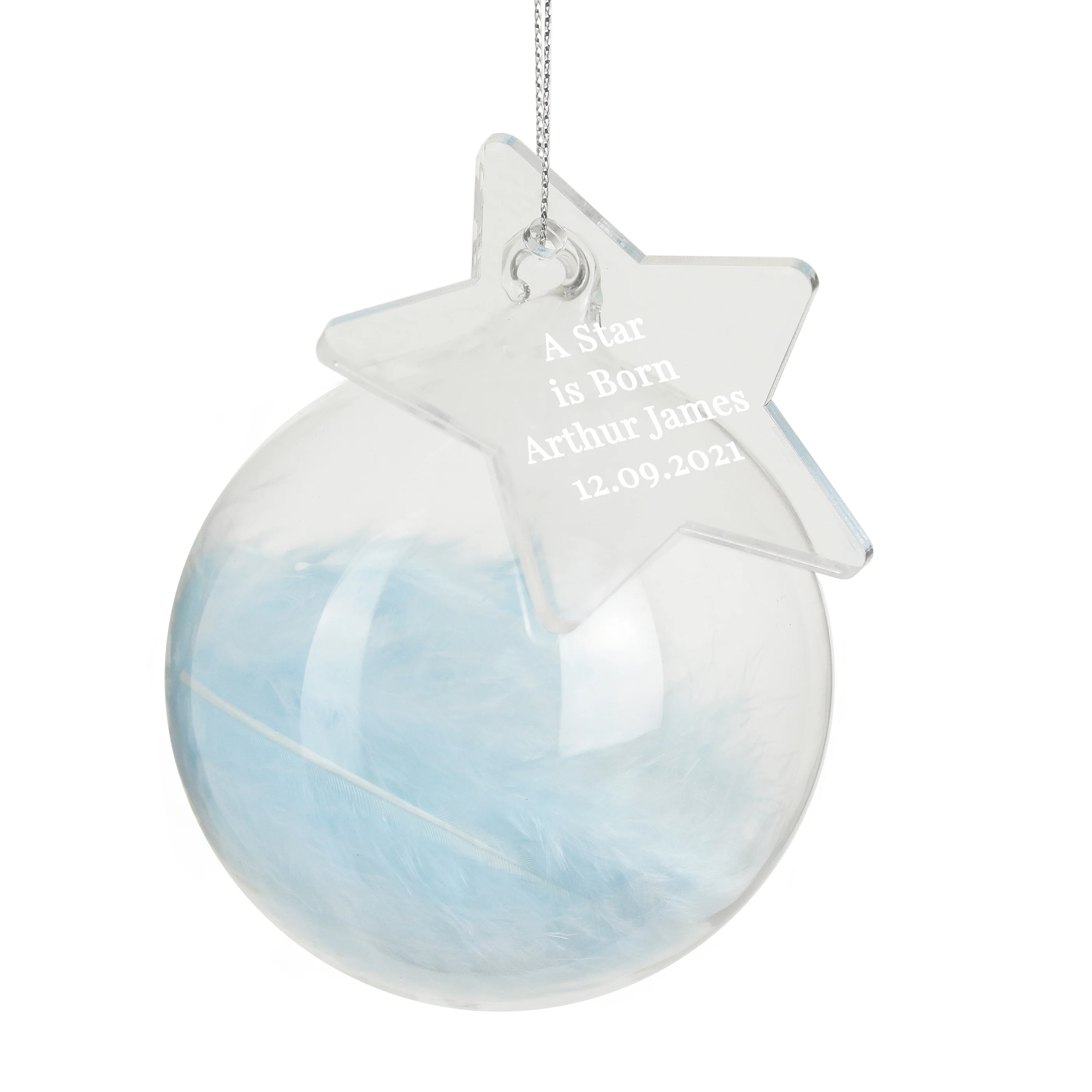 Personalised Free Text Blue Feather Glass Bauble With Star Tag - Image 5