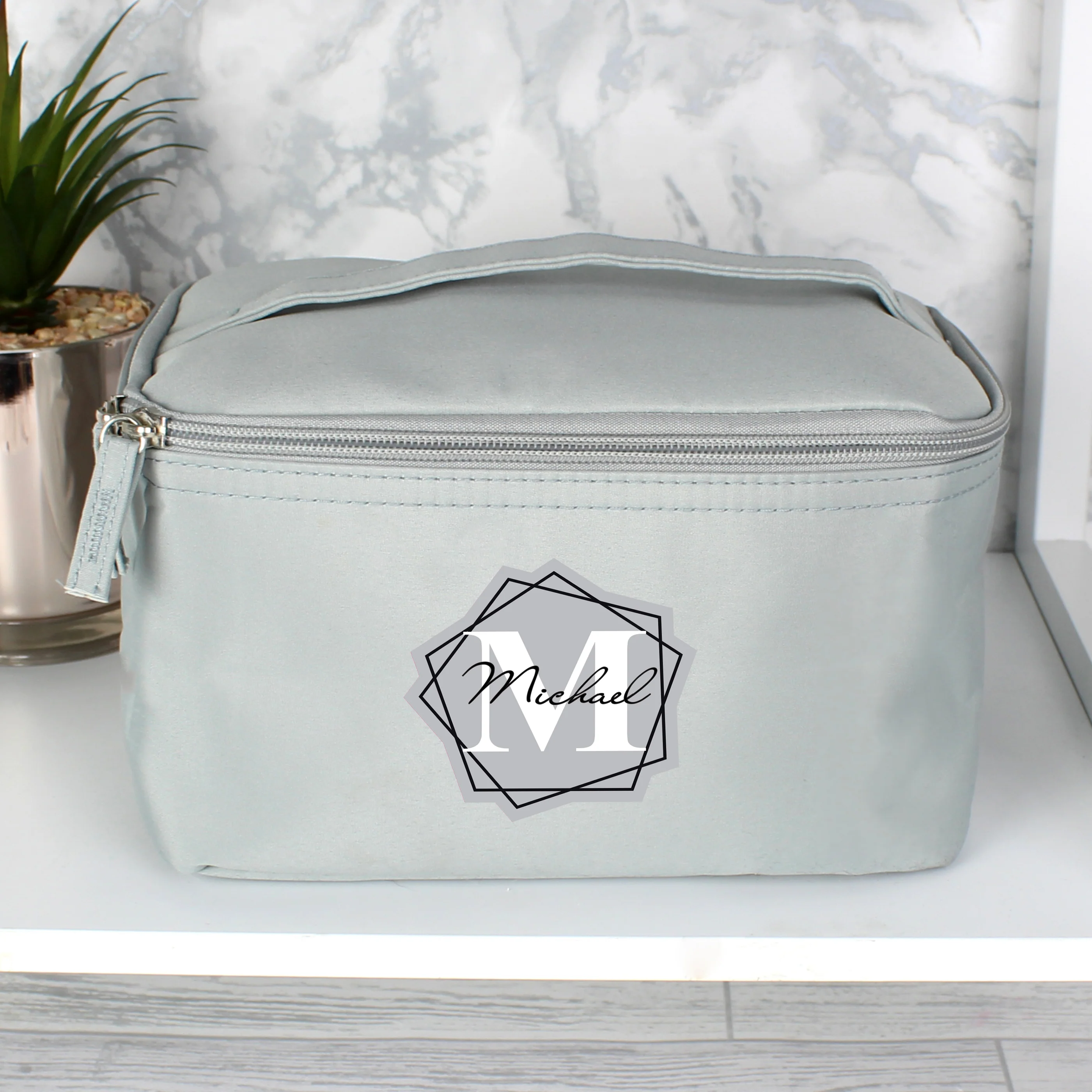 Personalised Geometric Initial Grey Toiletry Bag - Image 4