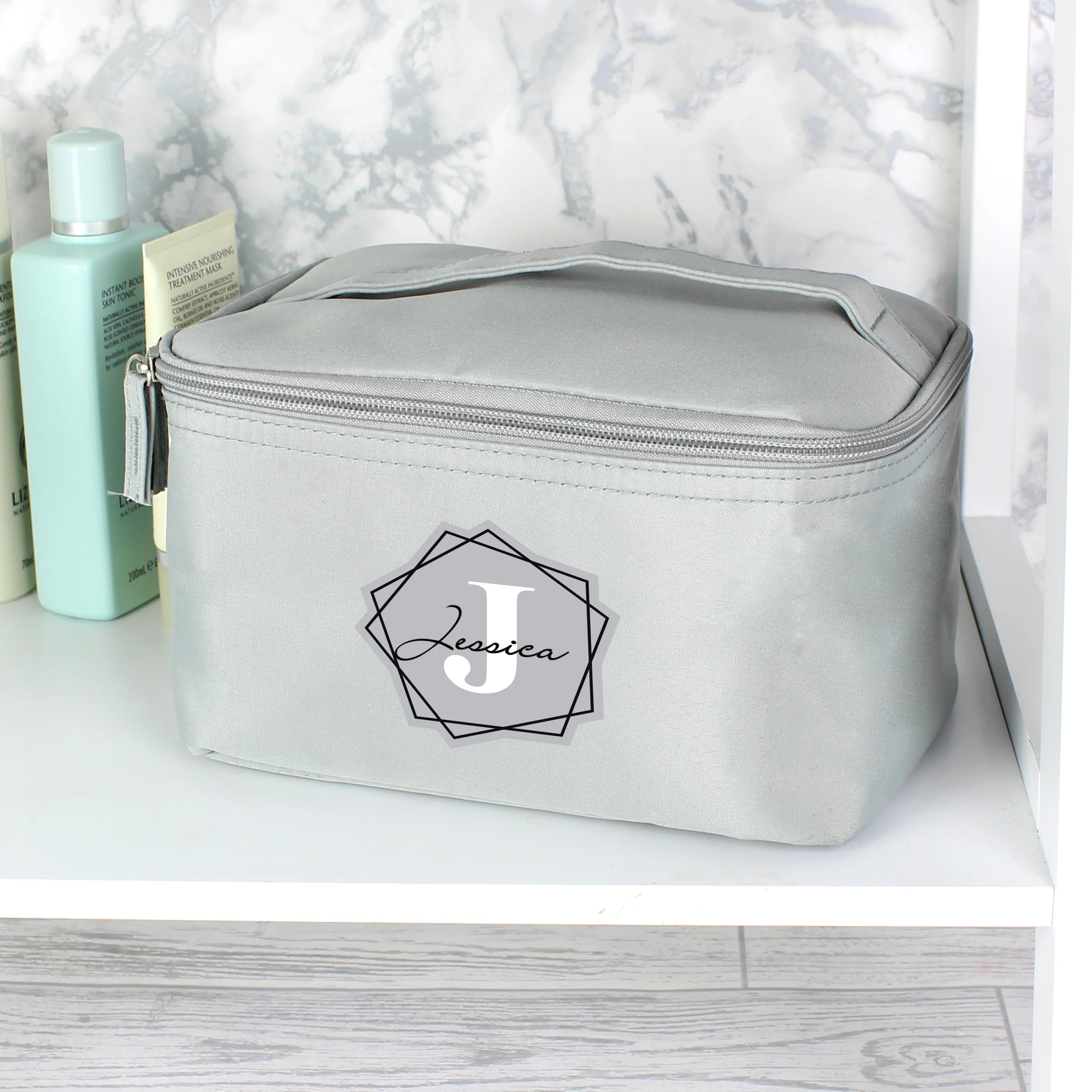 Personalised Geometric Initial Grey Toiletry Bag - Image 5