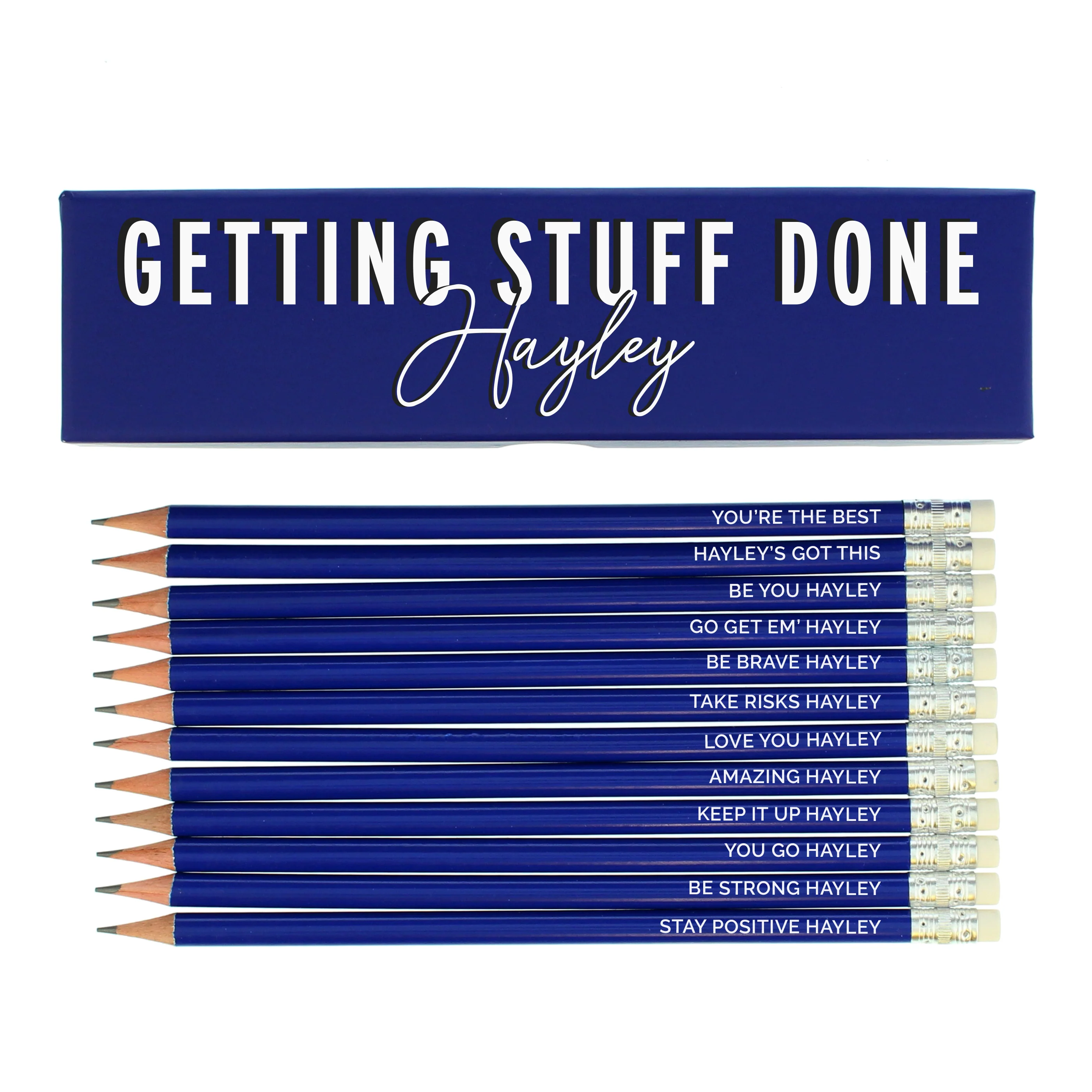 Personalised Getting Stuff Done Box and 12 Blue HB Pencils - Image 2