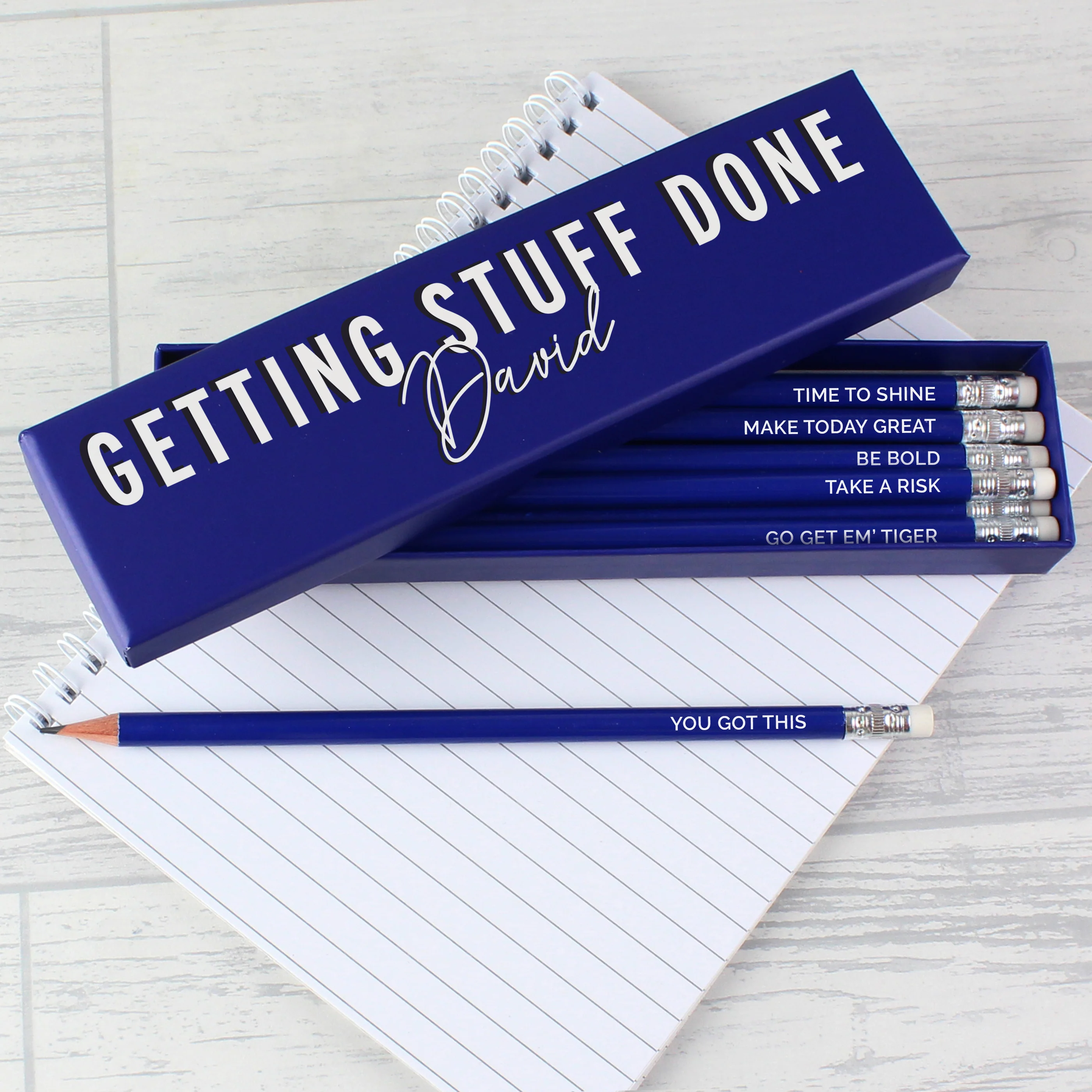 Personalised Getting Stuff Done Box and 12 Blue HB Pencils - Image 3