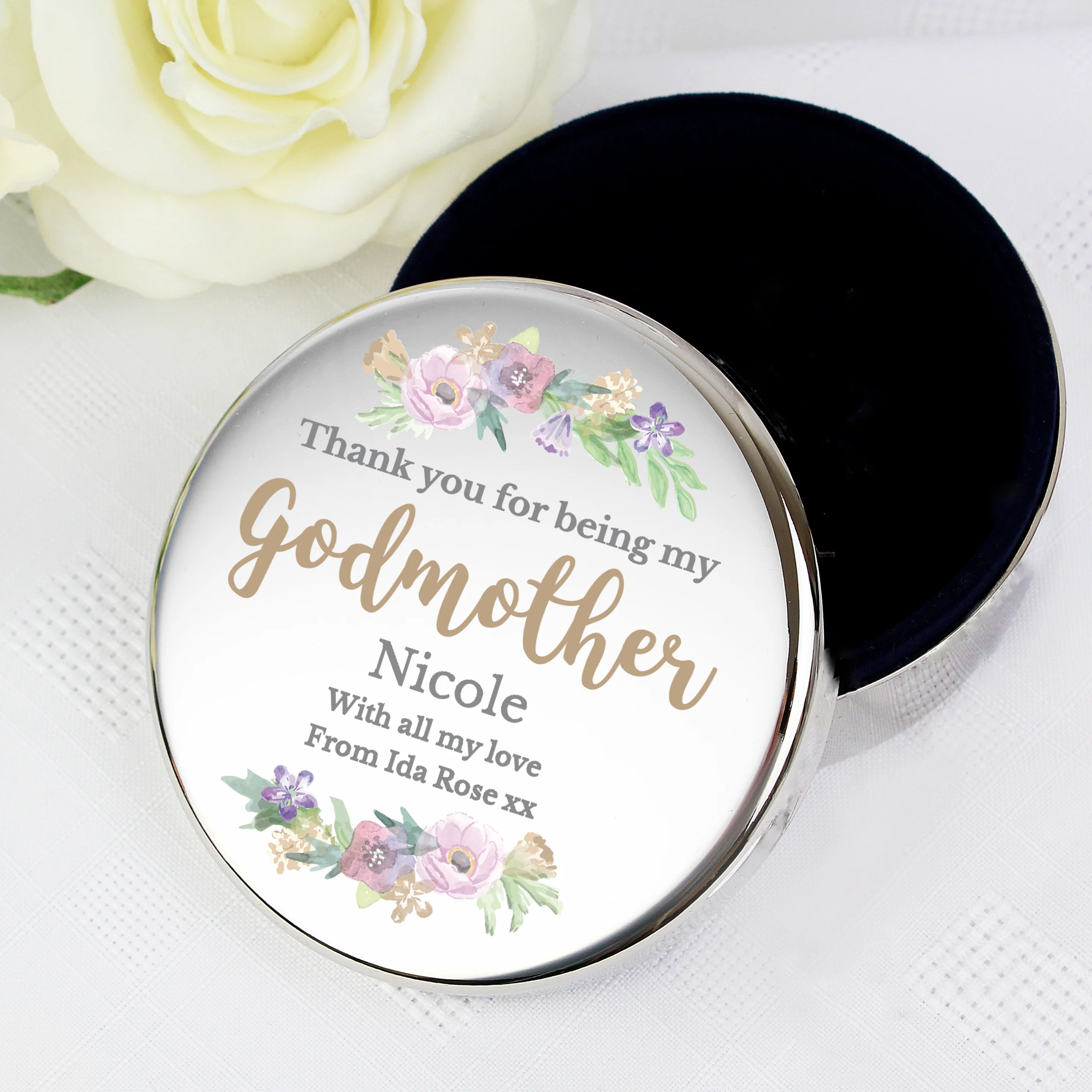 Personalised Godmother 'Floral Watercolour' Round Trinket Box - Image 4