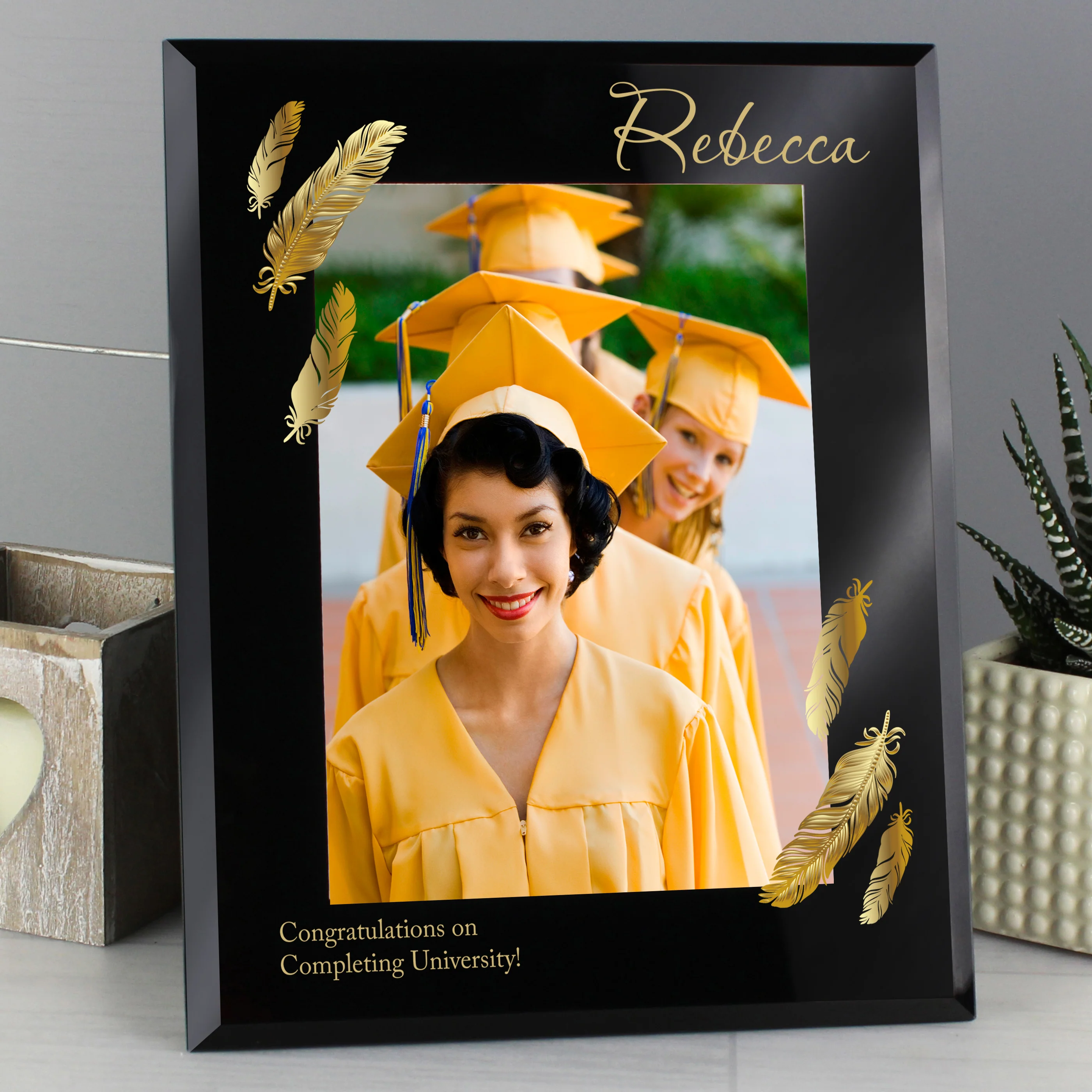 Personalised Golden Feather 5x7 Black Glass Photo Frame - Image 3
