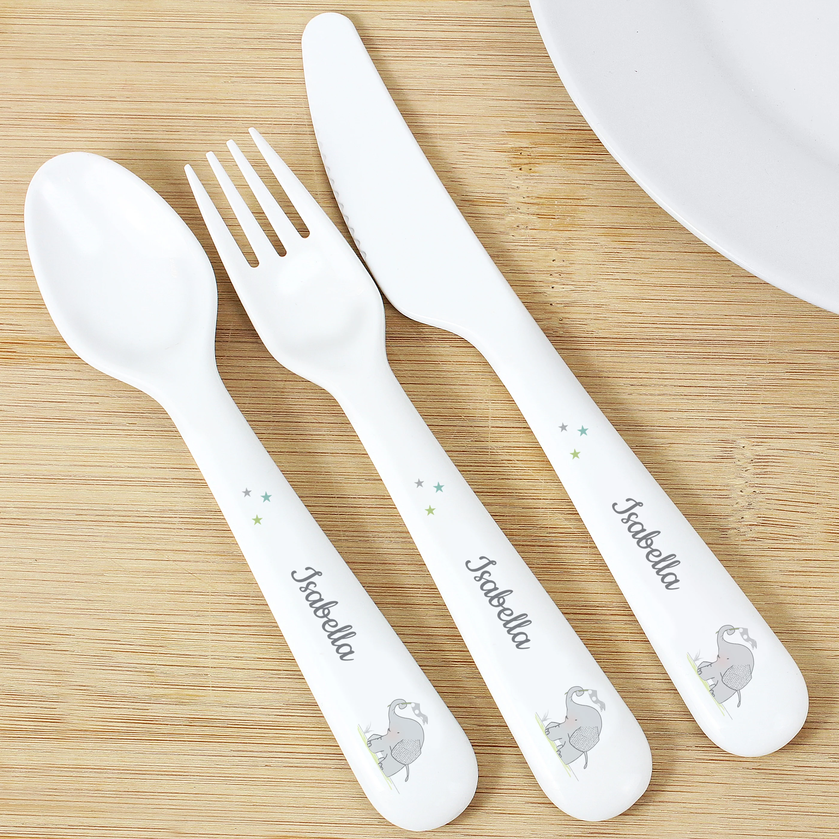 Personalised Hessian Elephant 3 Piece Plastic Cutlery Set - Image 3