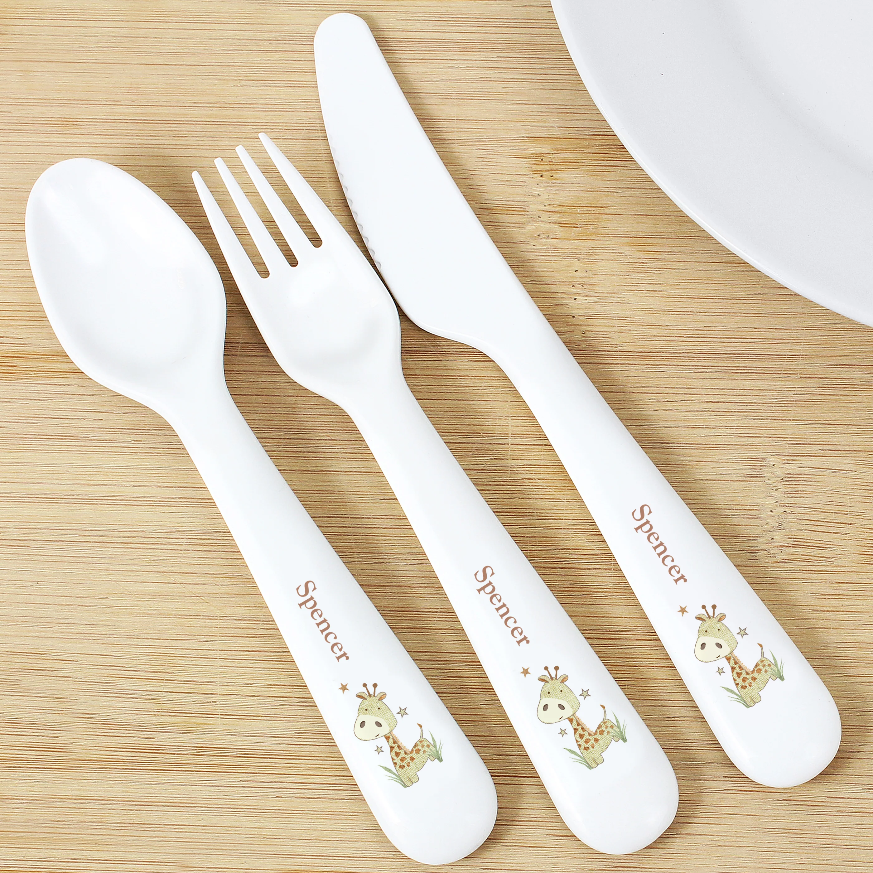 Personalised Hessian Giraffe 3 Piece Plastic Cutlery Set - Image 3