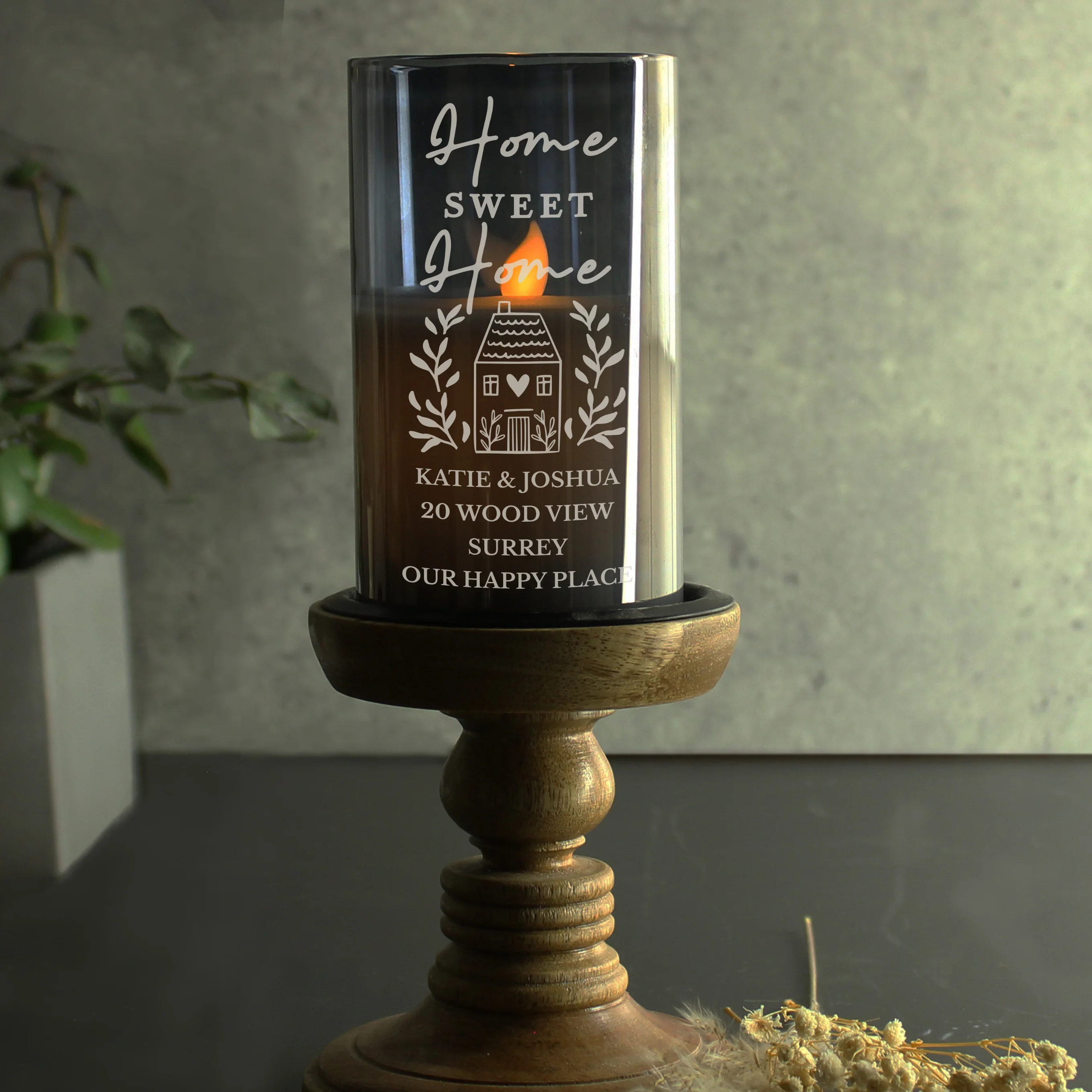 Personalised HOME Smoked Glass LED Candle - Image 3