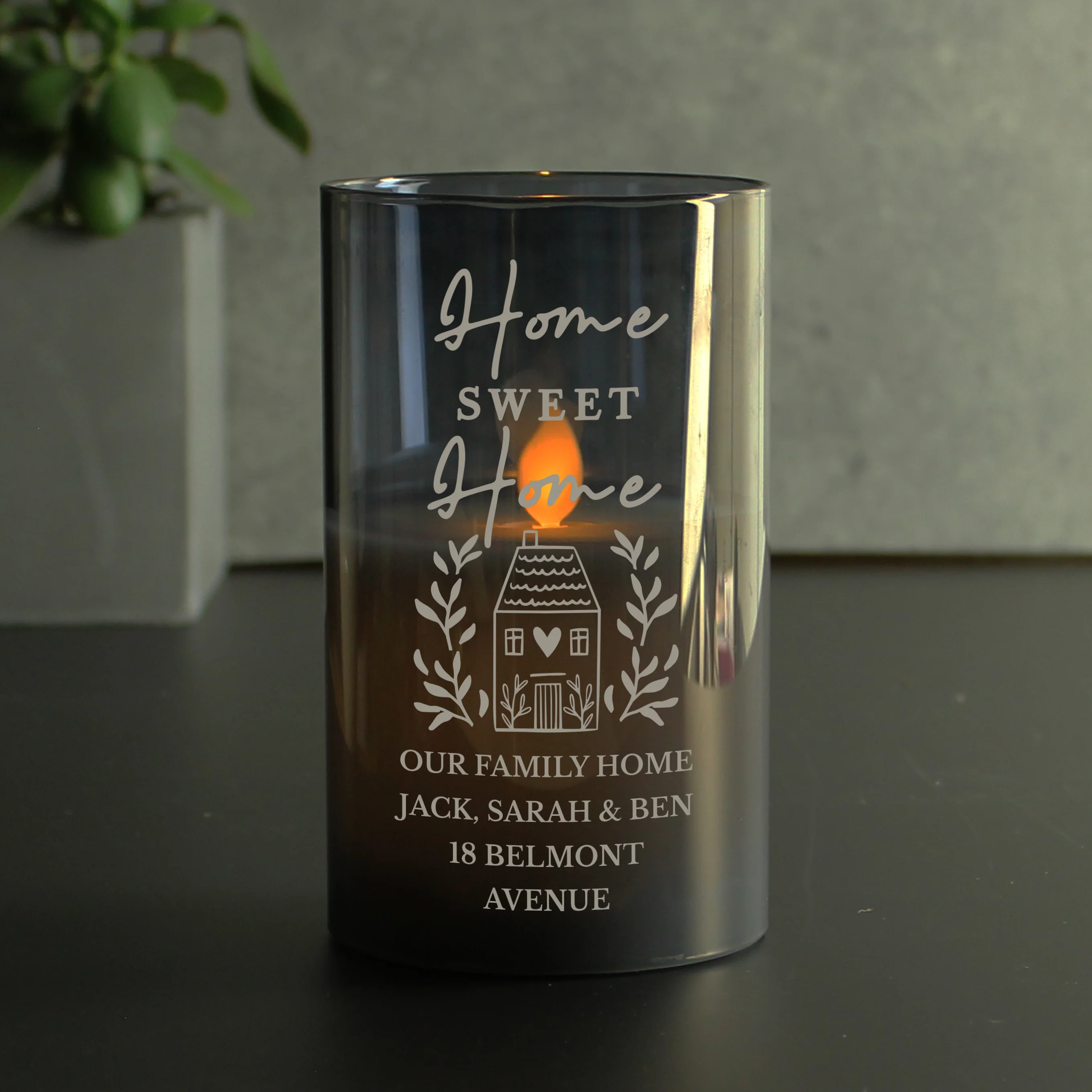 Personalised HOME Smoked Glass LED Candle - Image 4