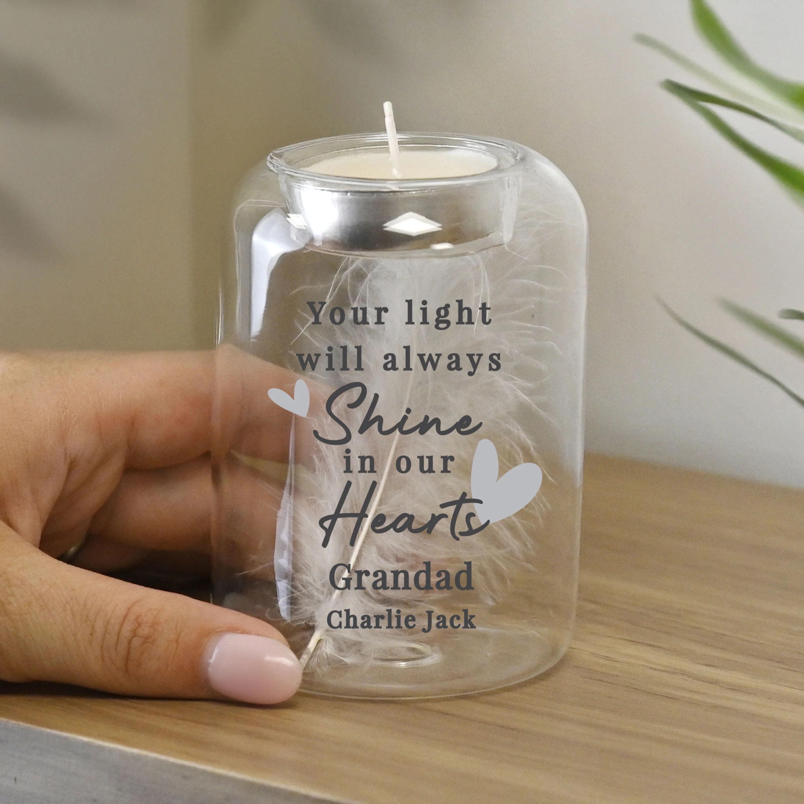 Personalised In Our Hearts Memorial Feather Tealight Holder - Image 3