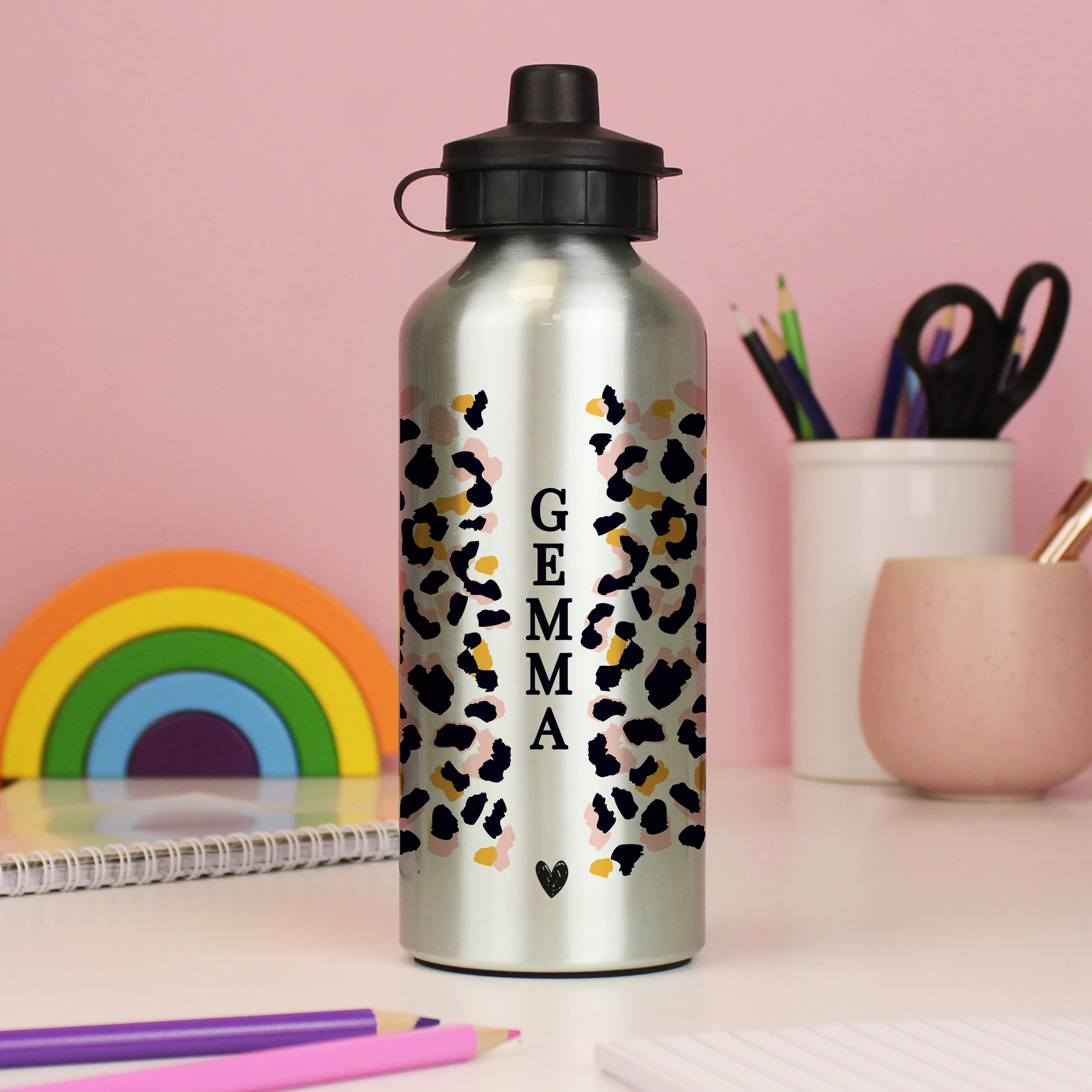 Personalised Leopard Print Silver Drinks Bottle - Image 4