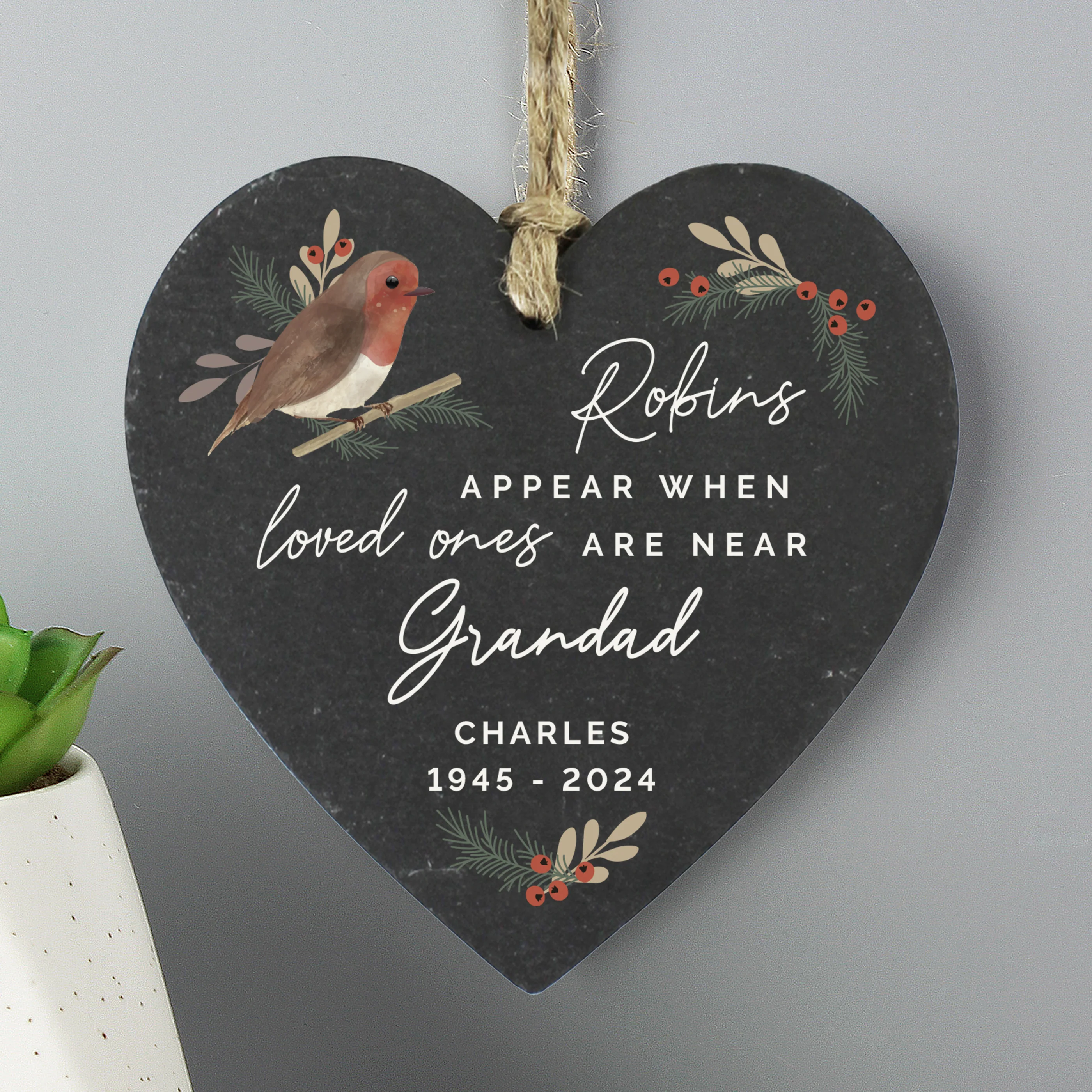 Personalised Memorial Robins Appear Slate Heart - Image 2