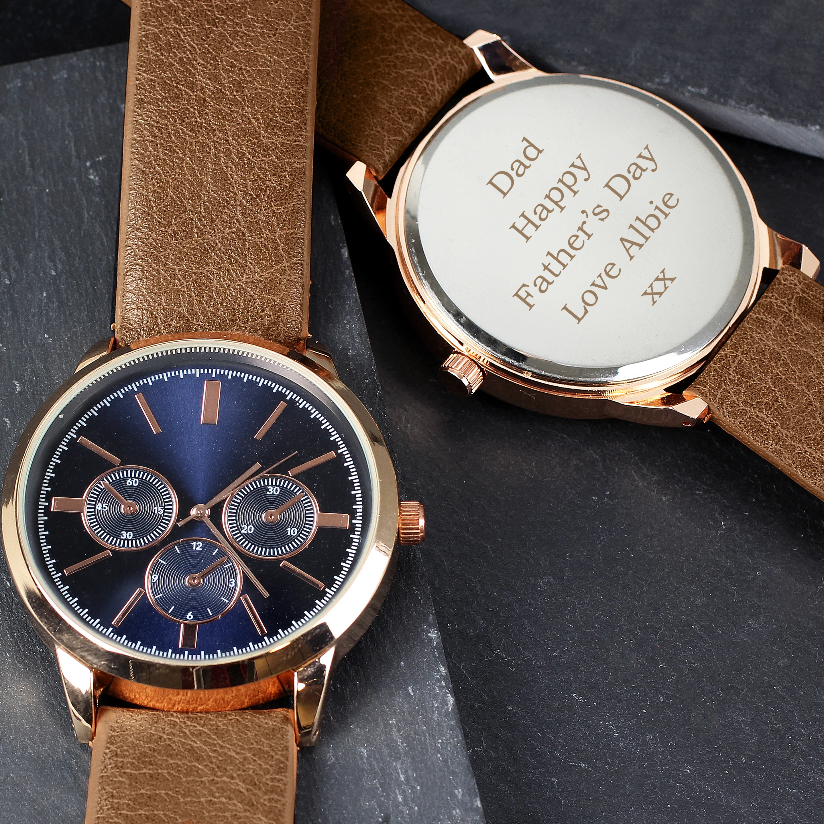 Personalised Mens Rose Gold Tone Watch with Brown Strap and Presentation Box - Image 5