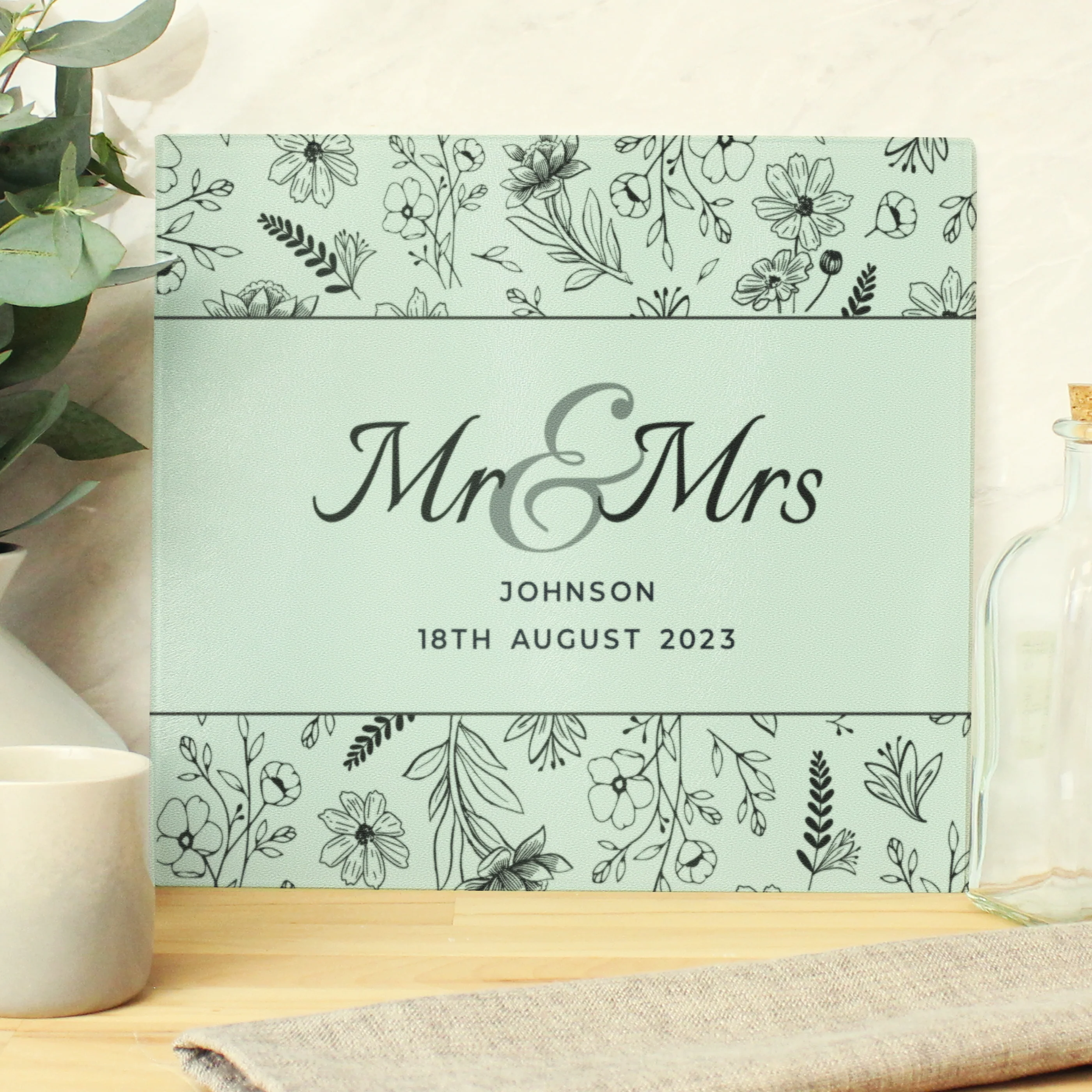 Personalised Mr & Mrs Botanical Glass Chopping Board/Worktop Saver - Image 3