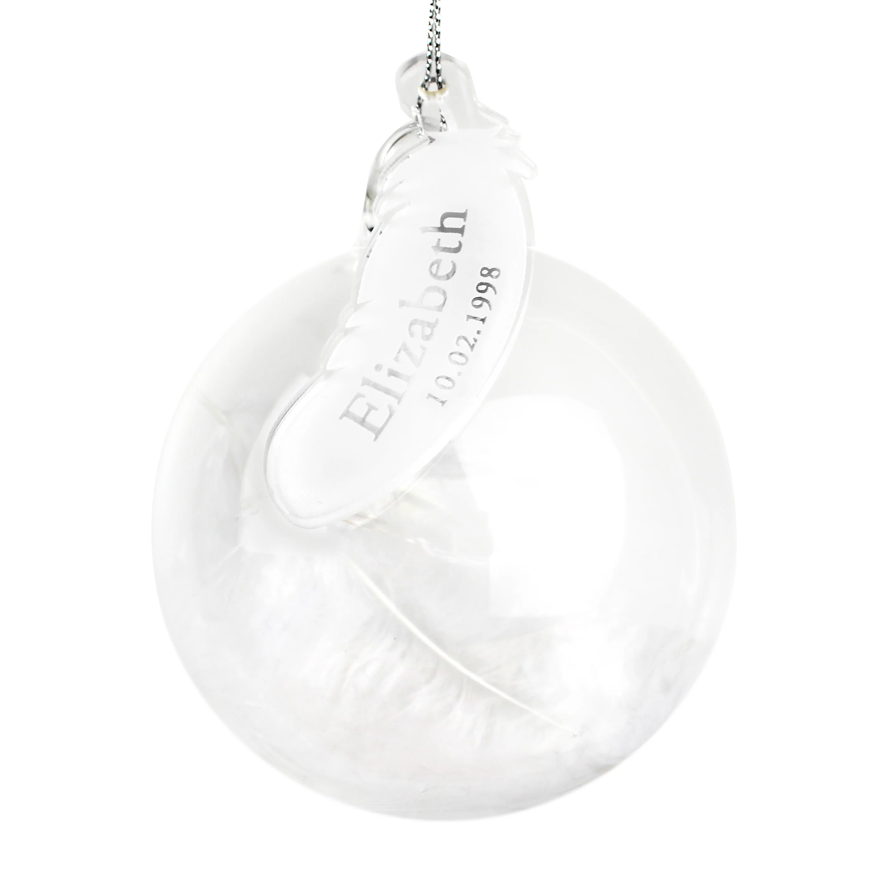Personalised Name & Date Feather Glass Bauble - Image 2
