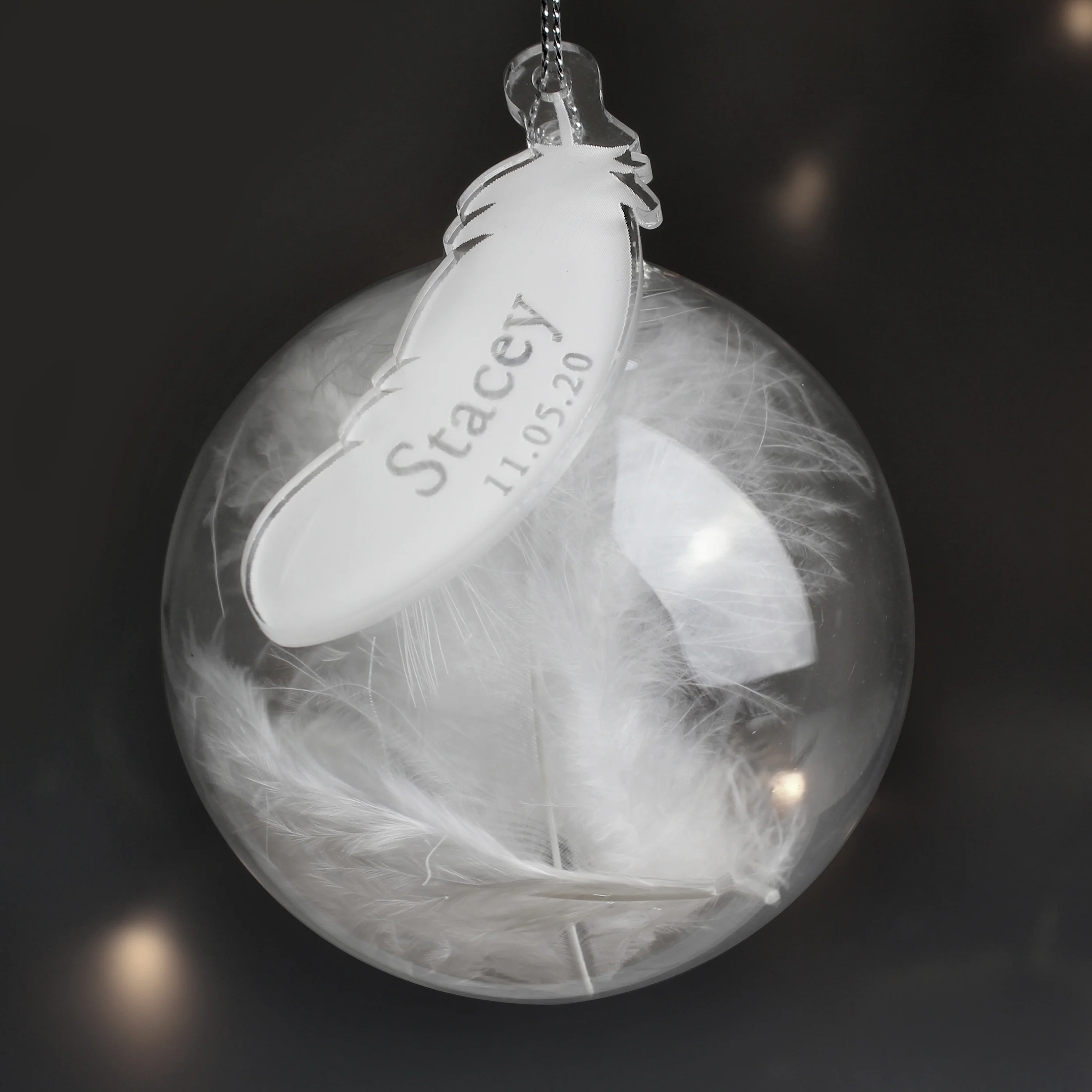 Personalised Name & Date Feather Glass Bauble - Image 3