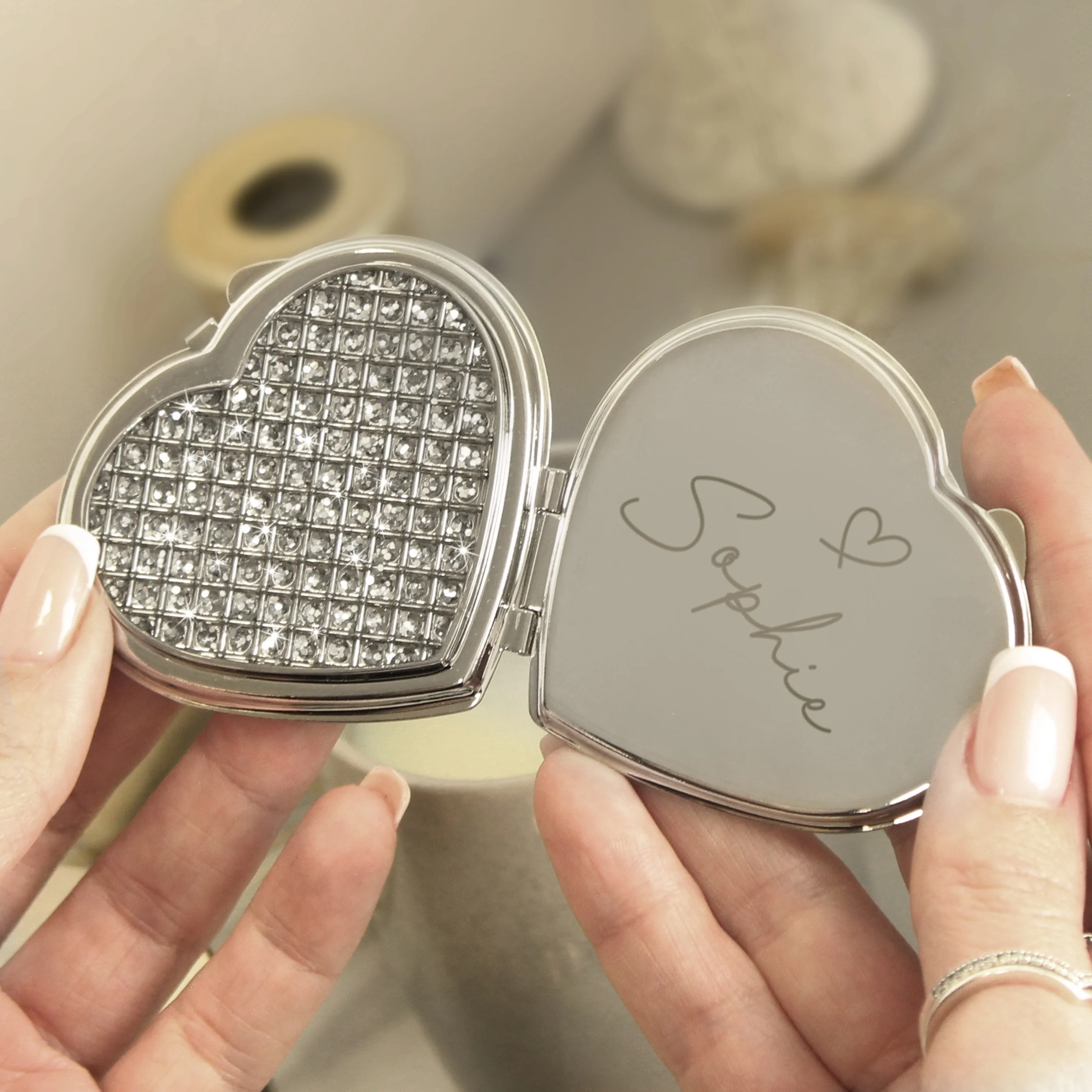 Personalised Name Diamante Heart Compact Mirror - Image 3