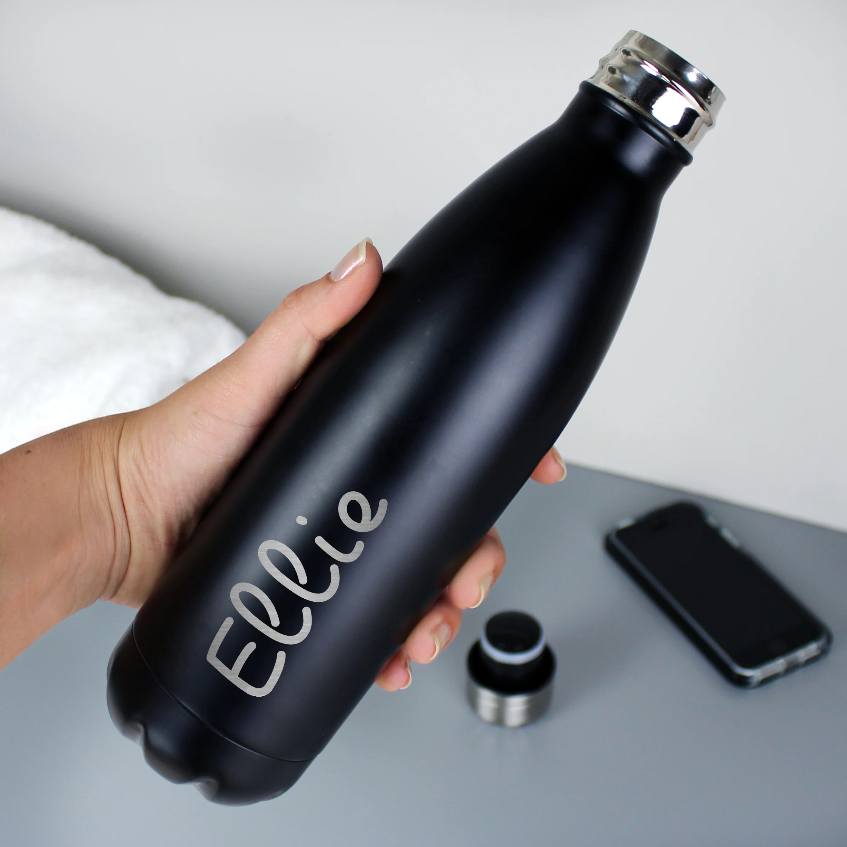 Personalised Name Only Black Metal Insulated Drinks Bottle - Image 2