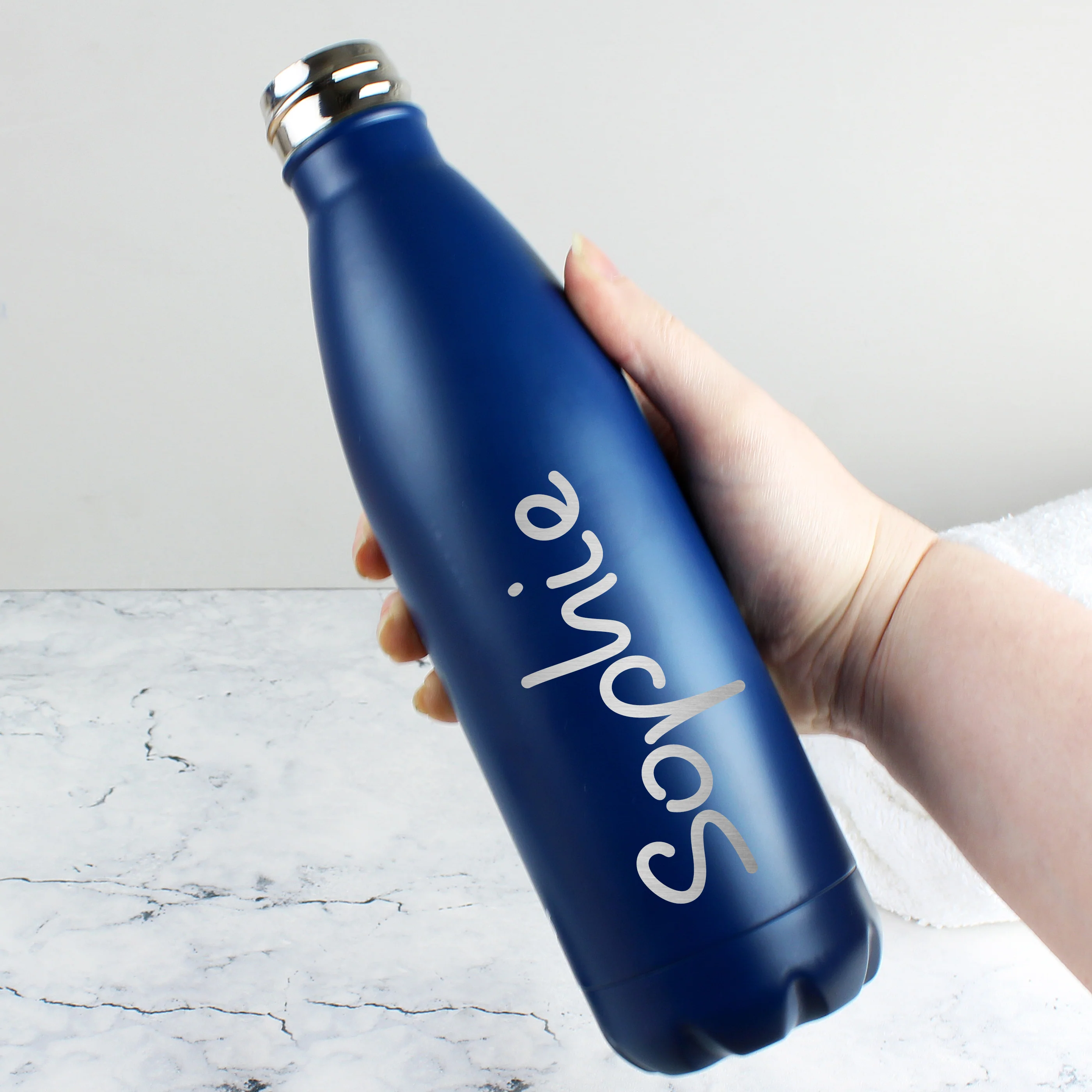 Personalised Name Only Blue Metal Insulated Drinks Bottle - Image 3