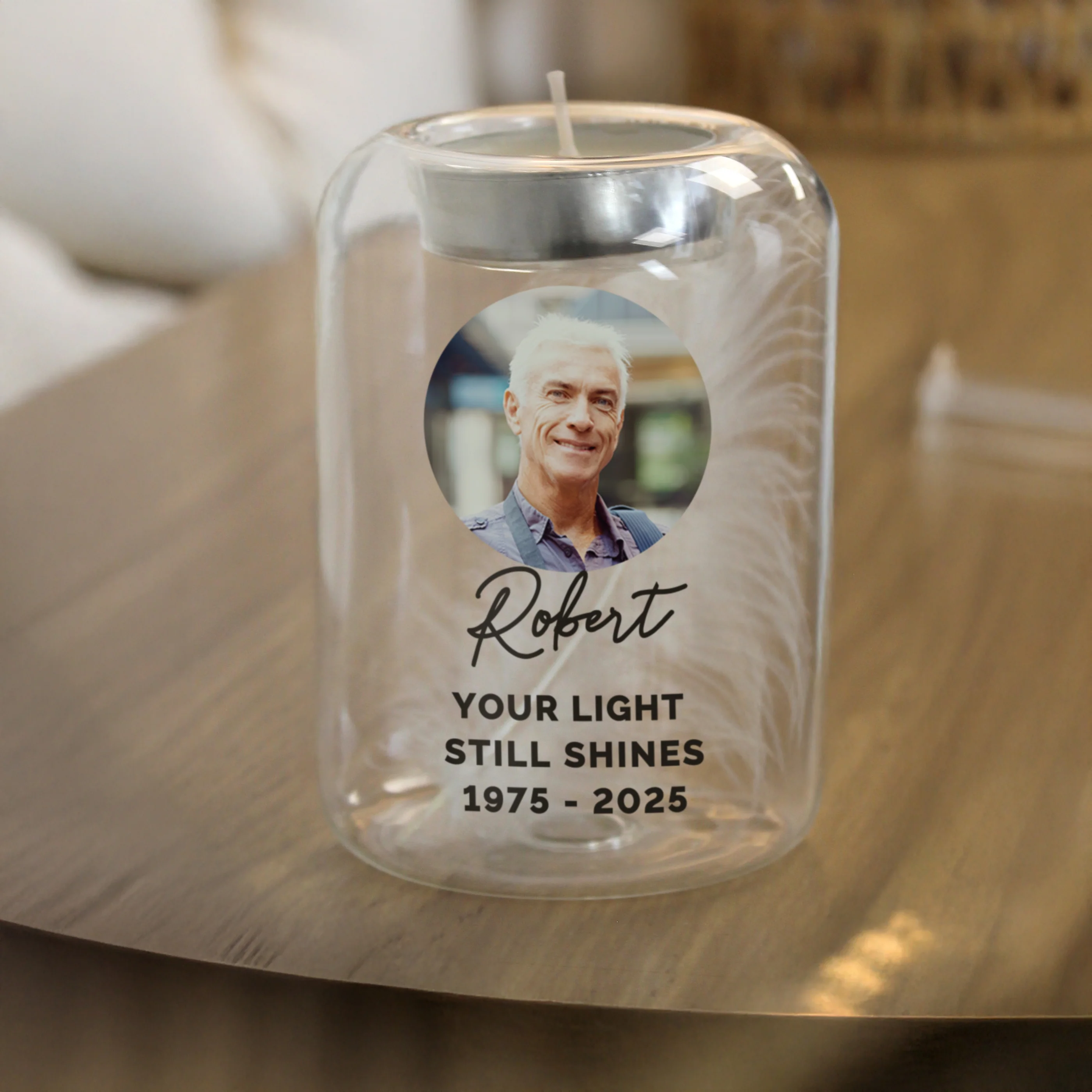 Personalised Photo Upload Memorial Feather Tealight Holder - Image 4