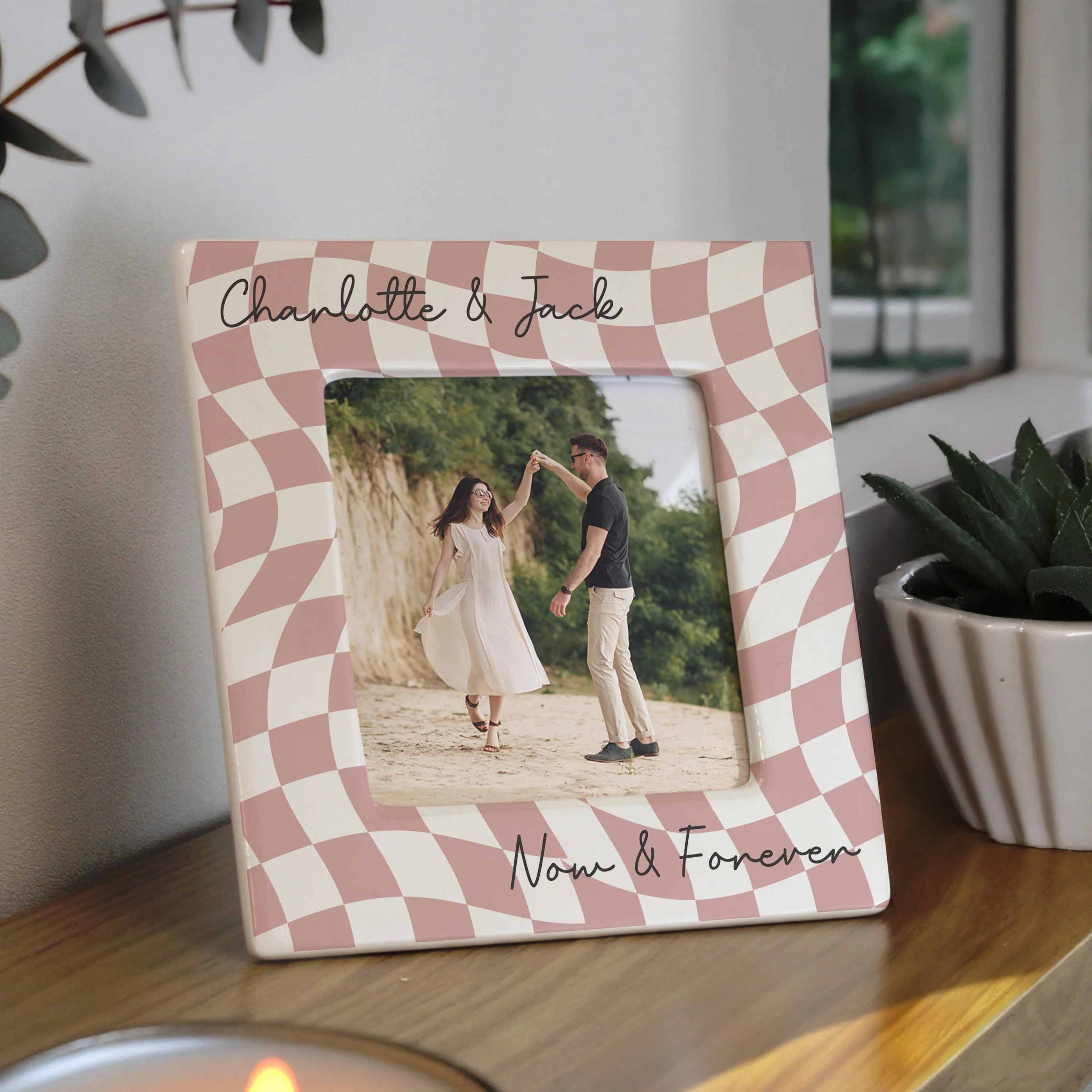 Personalised Pink Checkerboard Ceramic 4x4 Frame