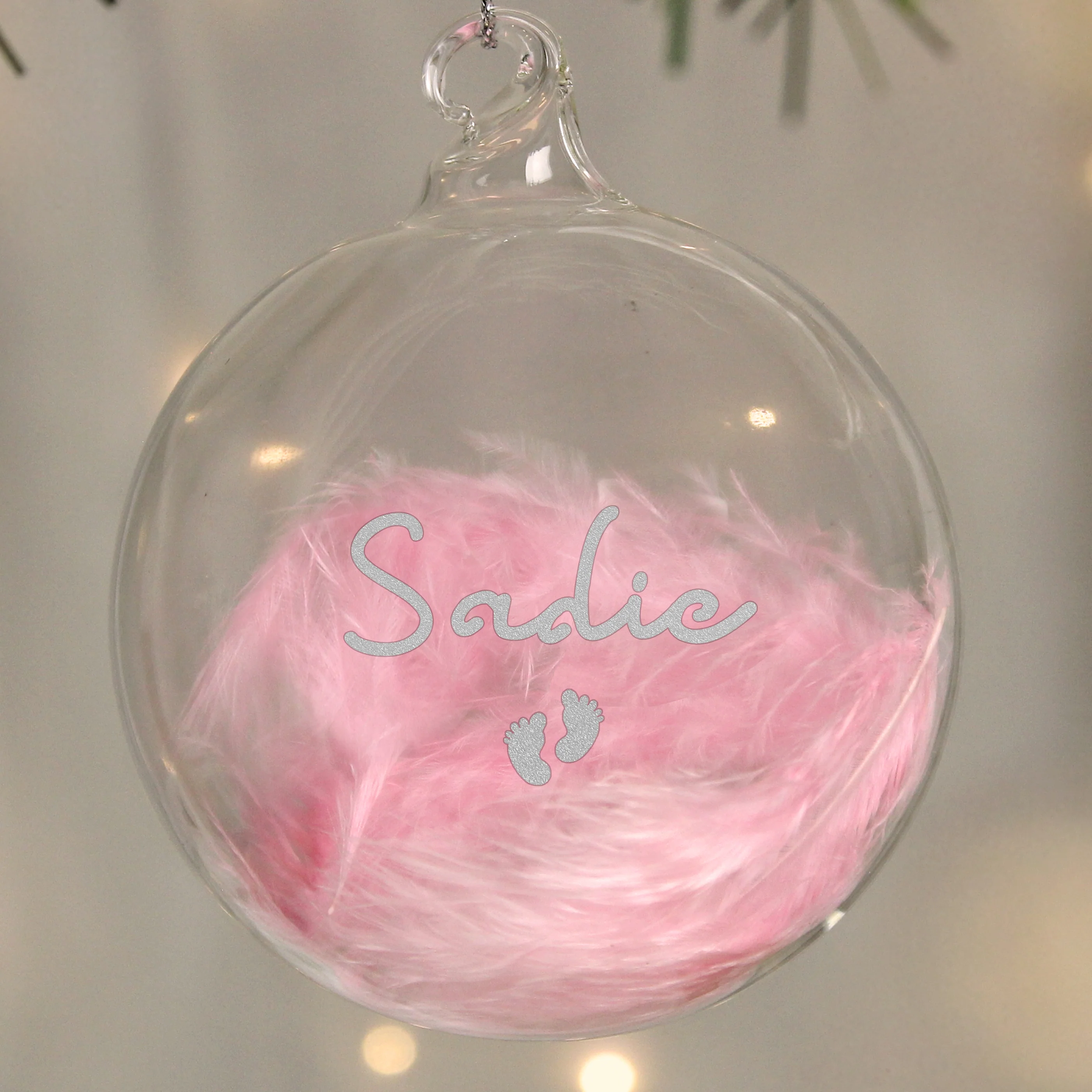 Personalised Pink Feather Silver Footprints Glass Bauble - Image 4
