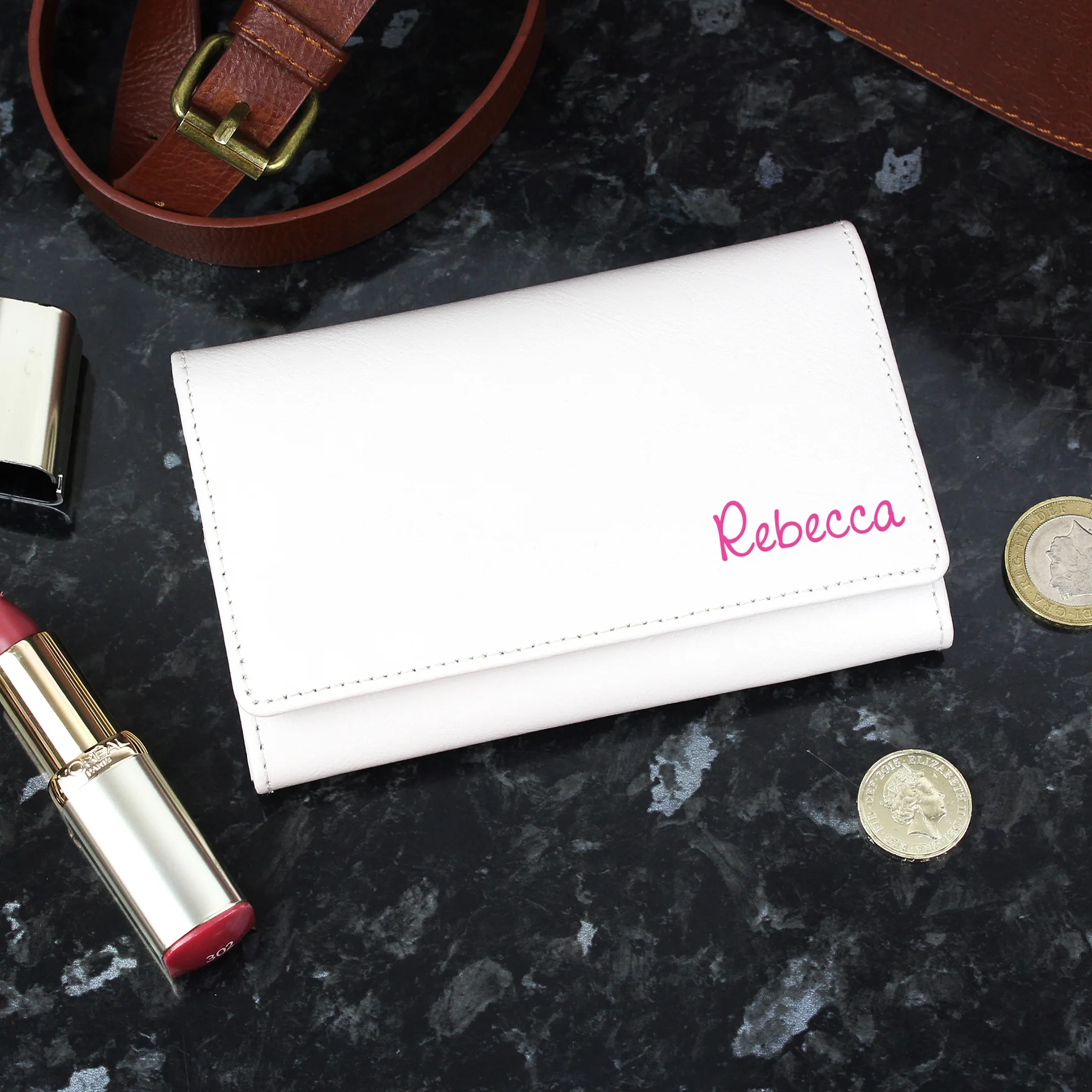 Personalised Pink Name Cream Leather Purse - Image 3