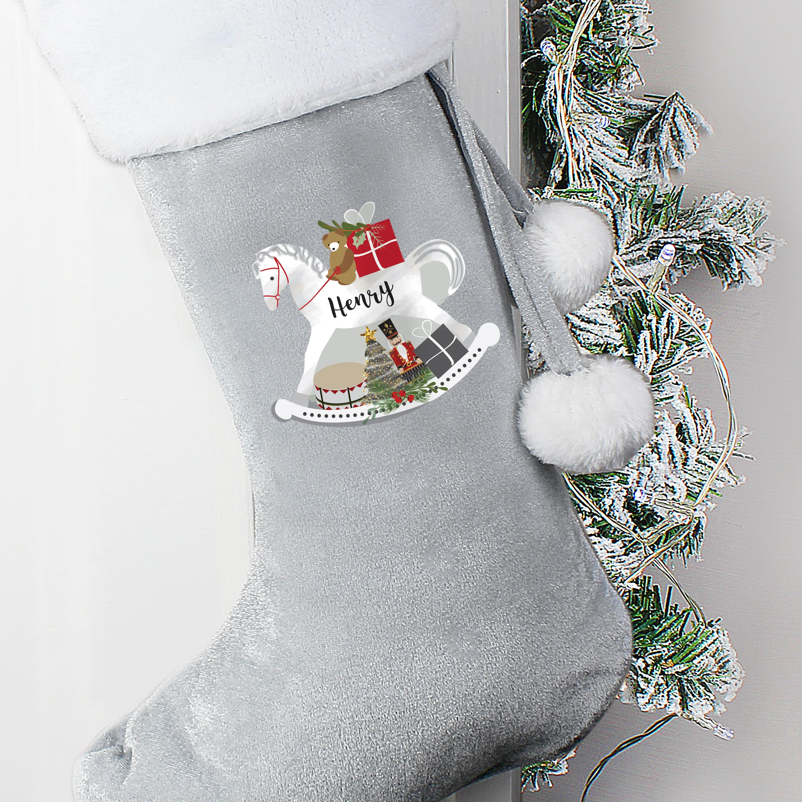 Personalised Rocking Horse Luxury Silver Grey Stocking - Image 3