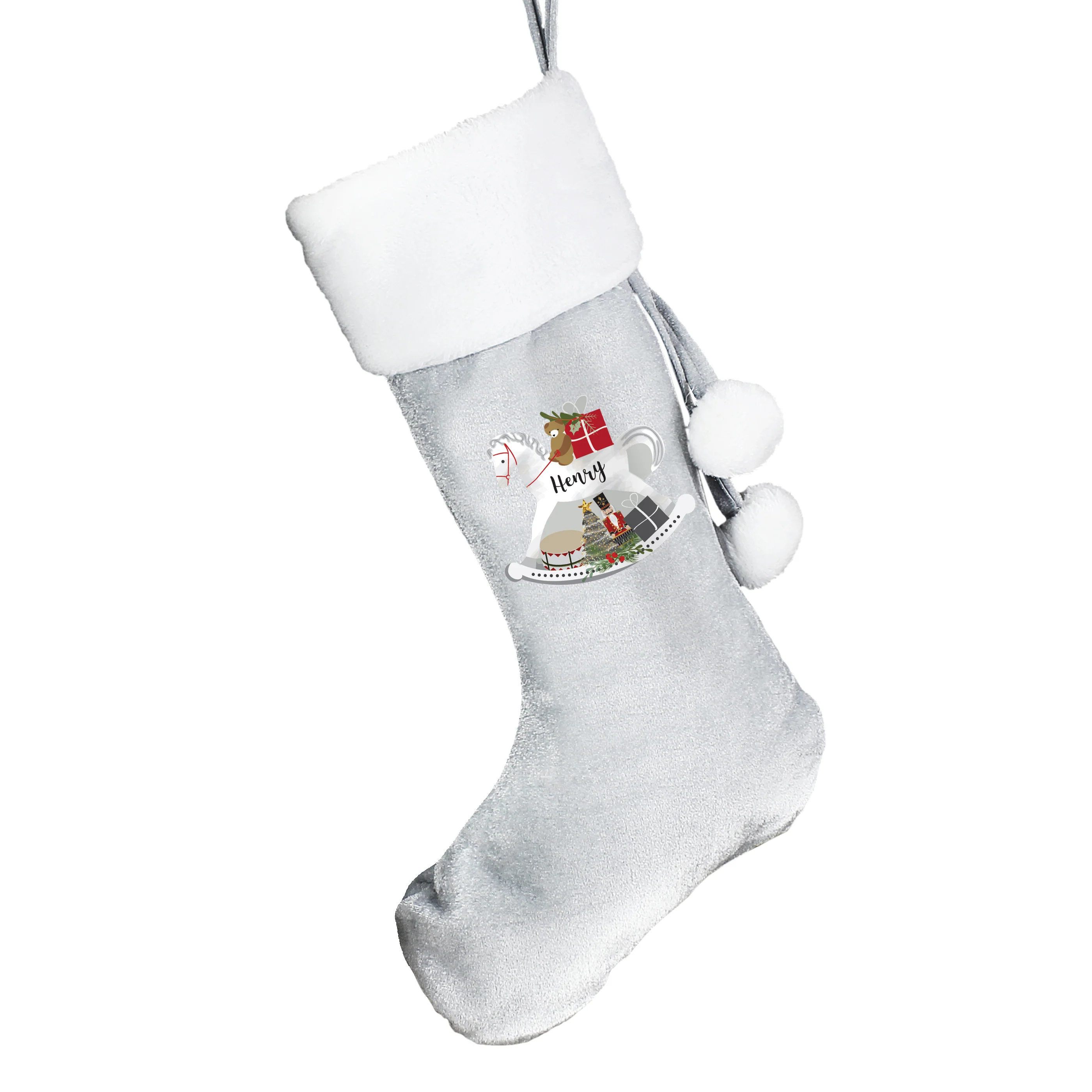 Personalised Rocking Horse Luxury Silver Grey Stocking - Image 4