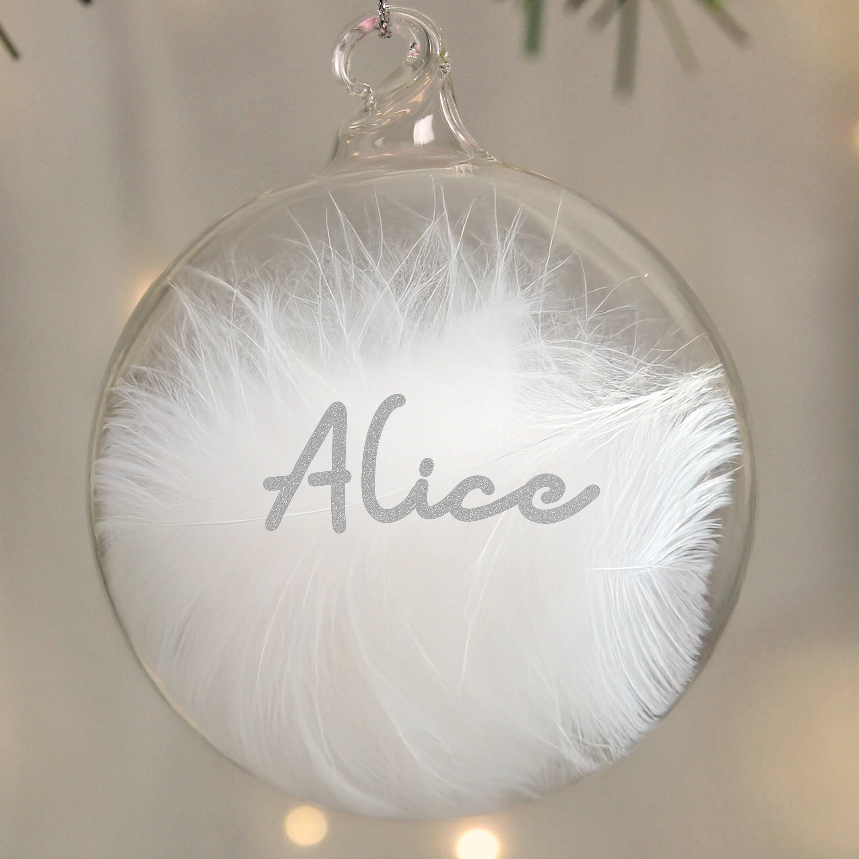 Personalised Silver Glitter Name Only Feather Glass Bauble - Image 4