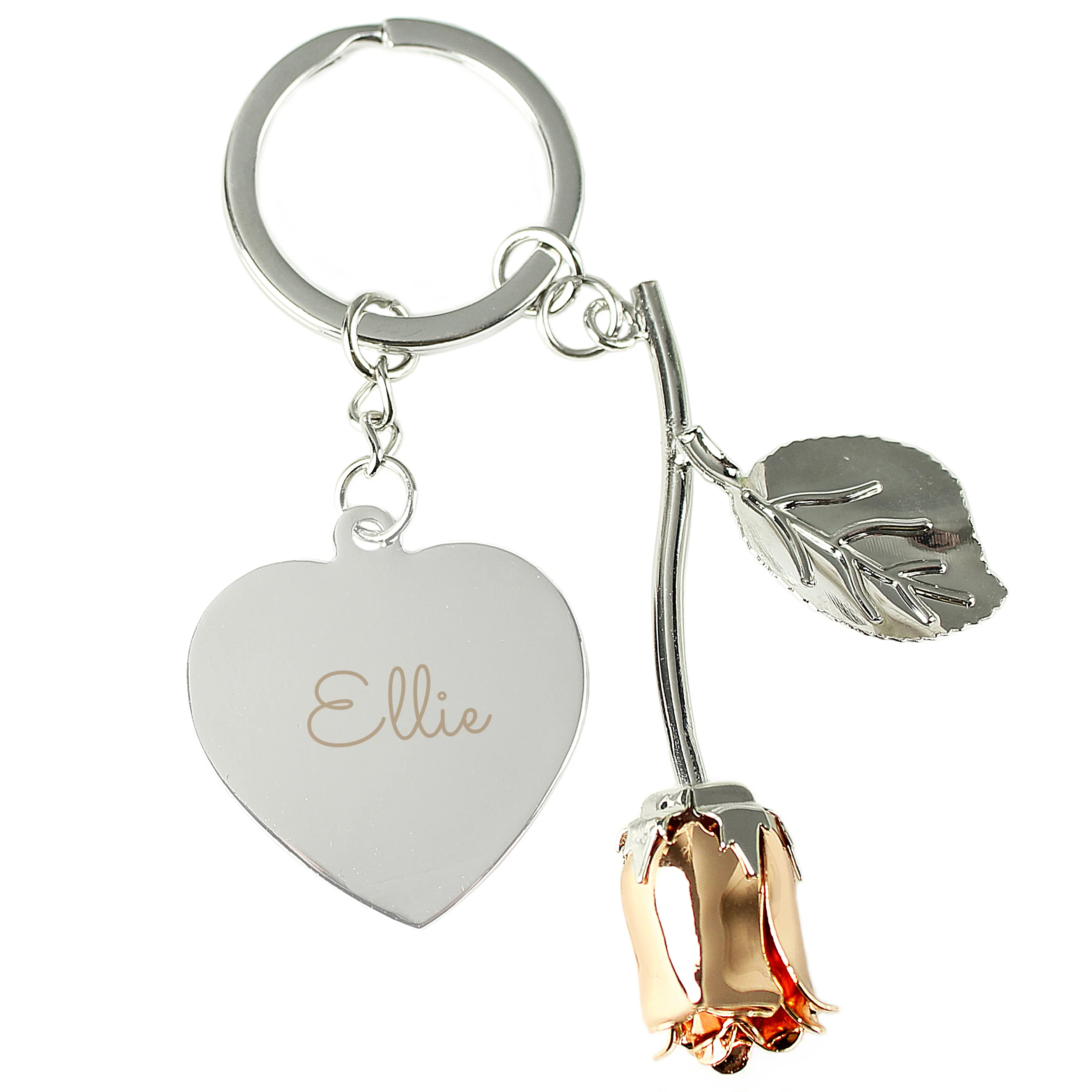 Personalised Silver Plated Name Rose Gold Rose Keyring - Image 2