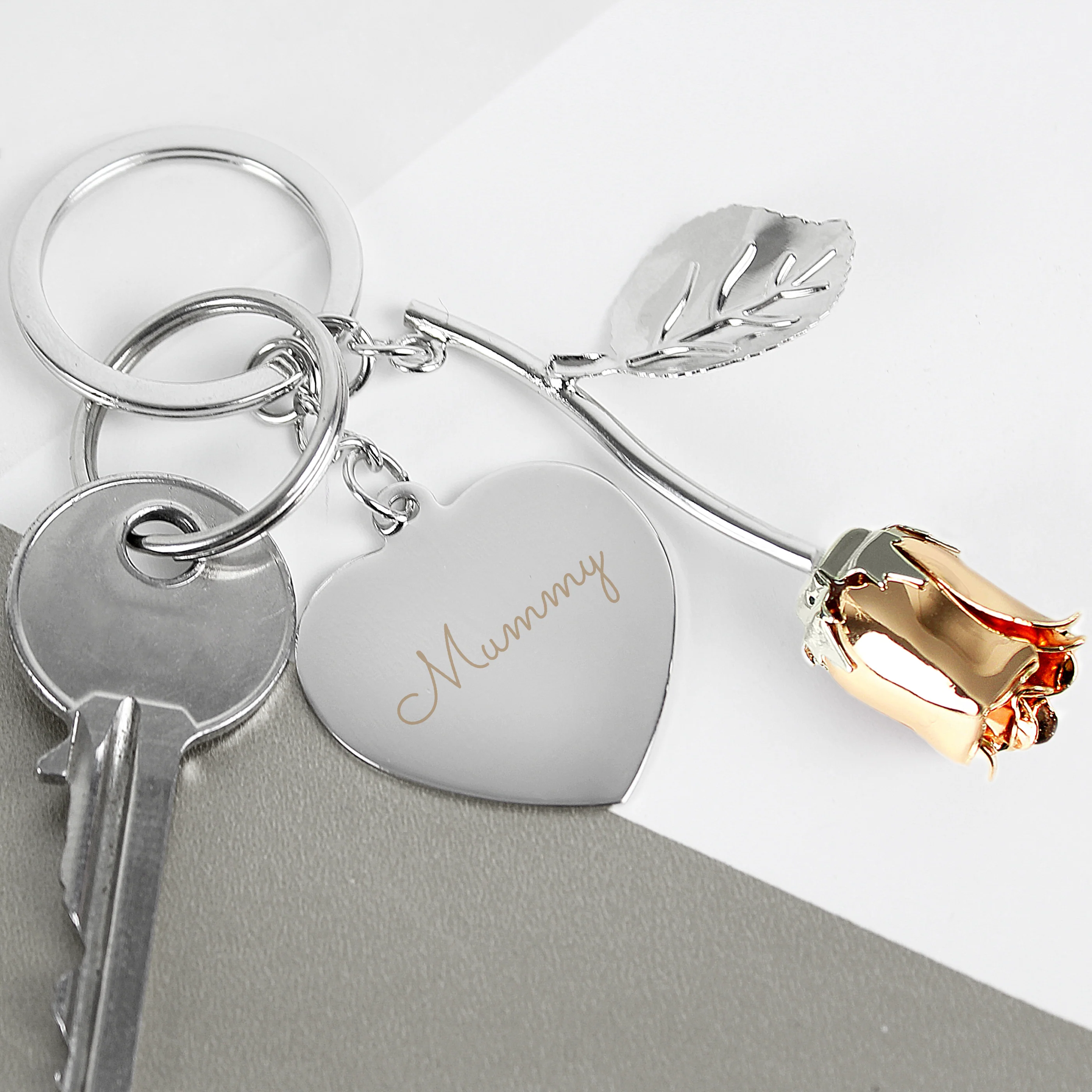 Personalised Silver Plated Name Rose Gold Rose Keyring - Image 3