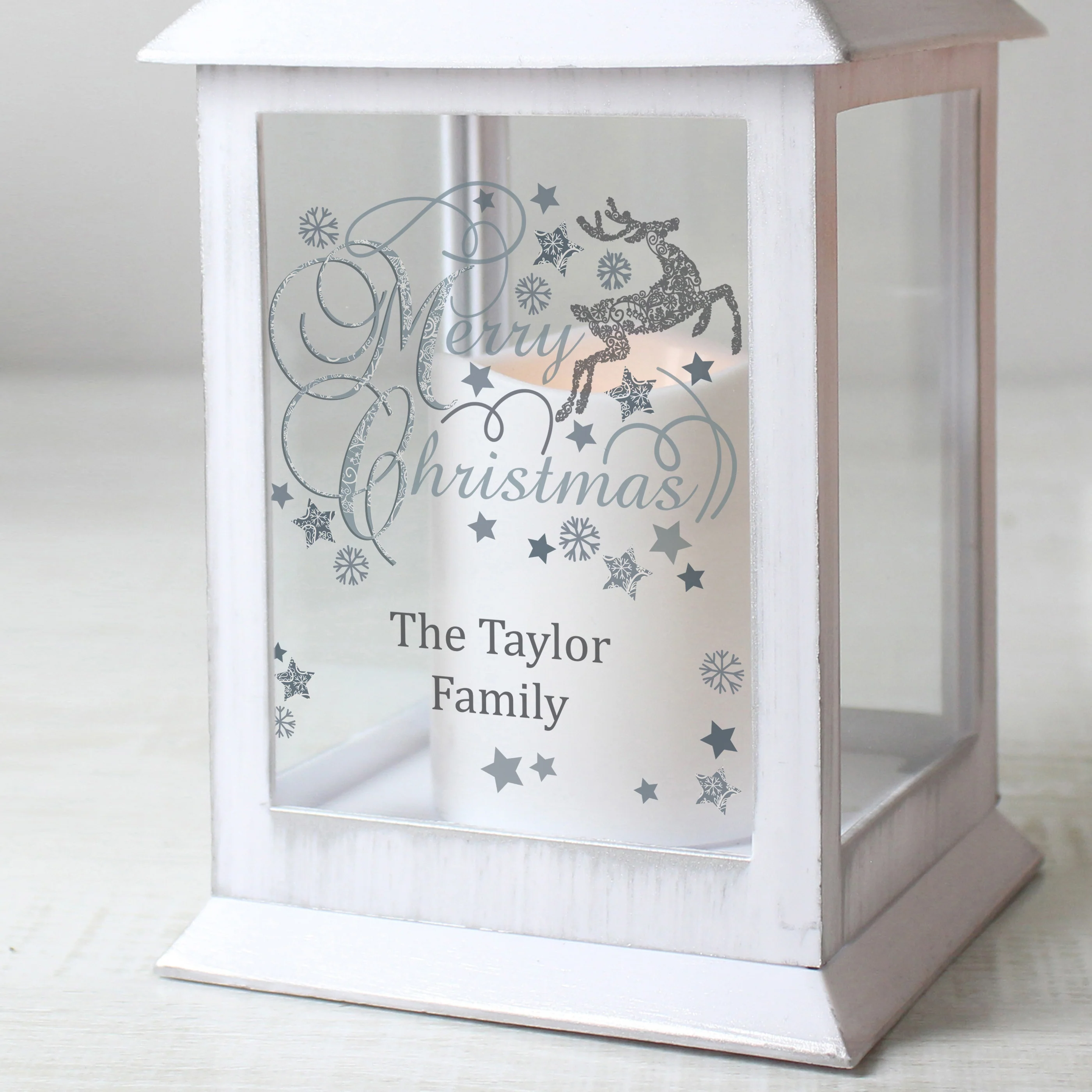 Personalised Silver Reindeer White Lantern - Image 3