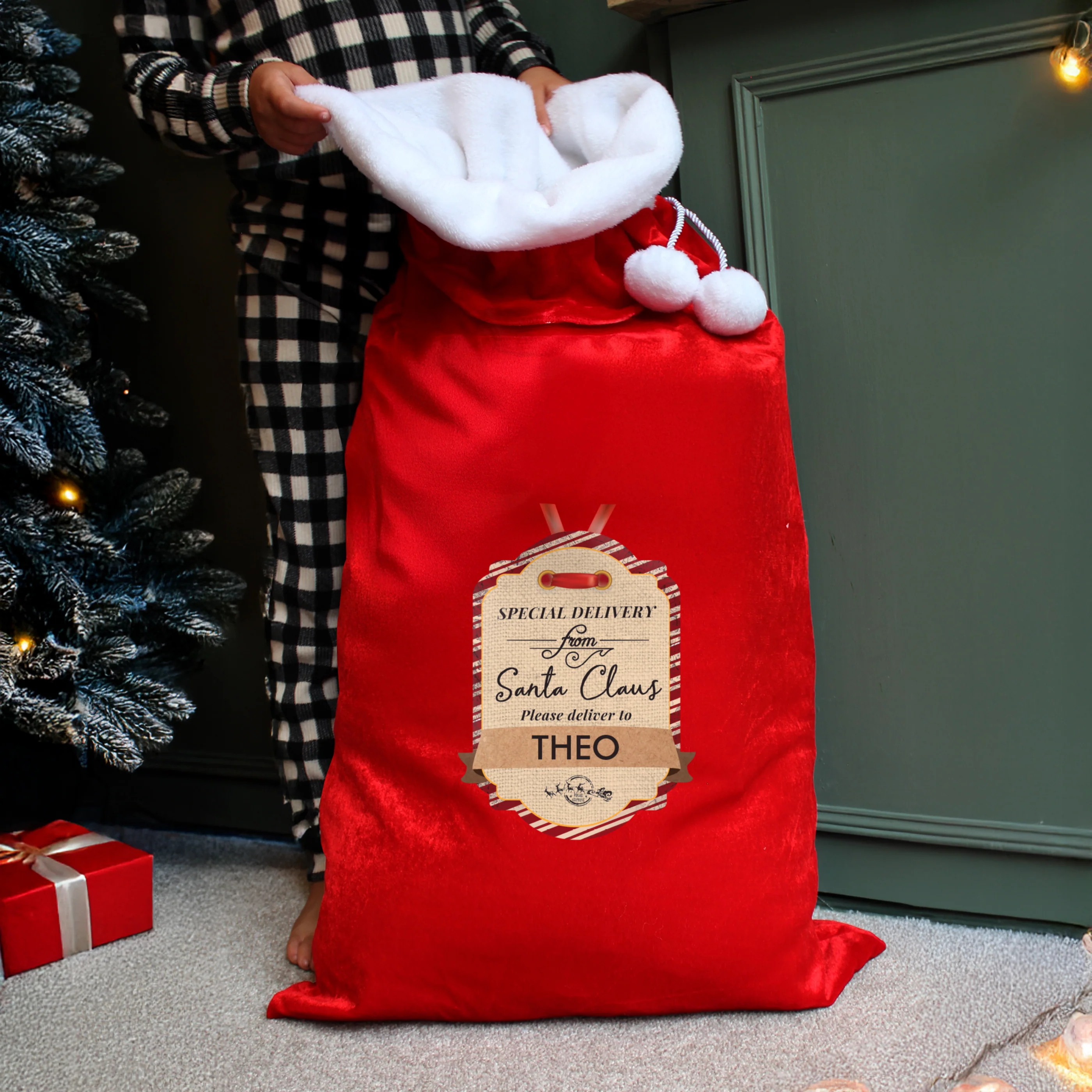 Personalised Special Delivery Luxury Pom Pom Red Sack - Image 3