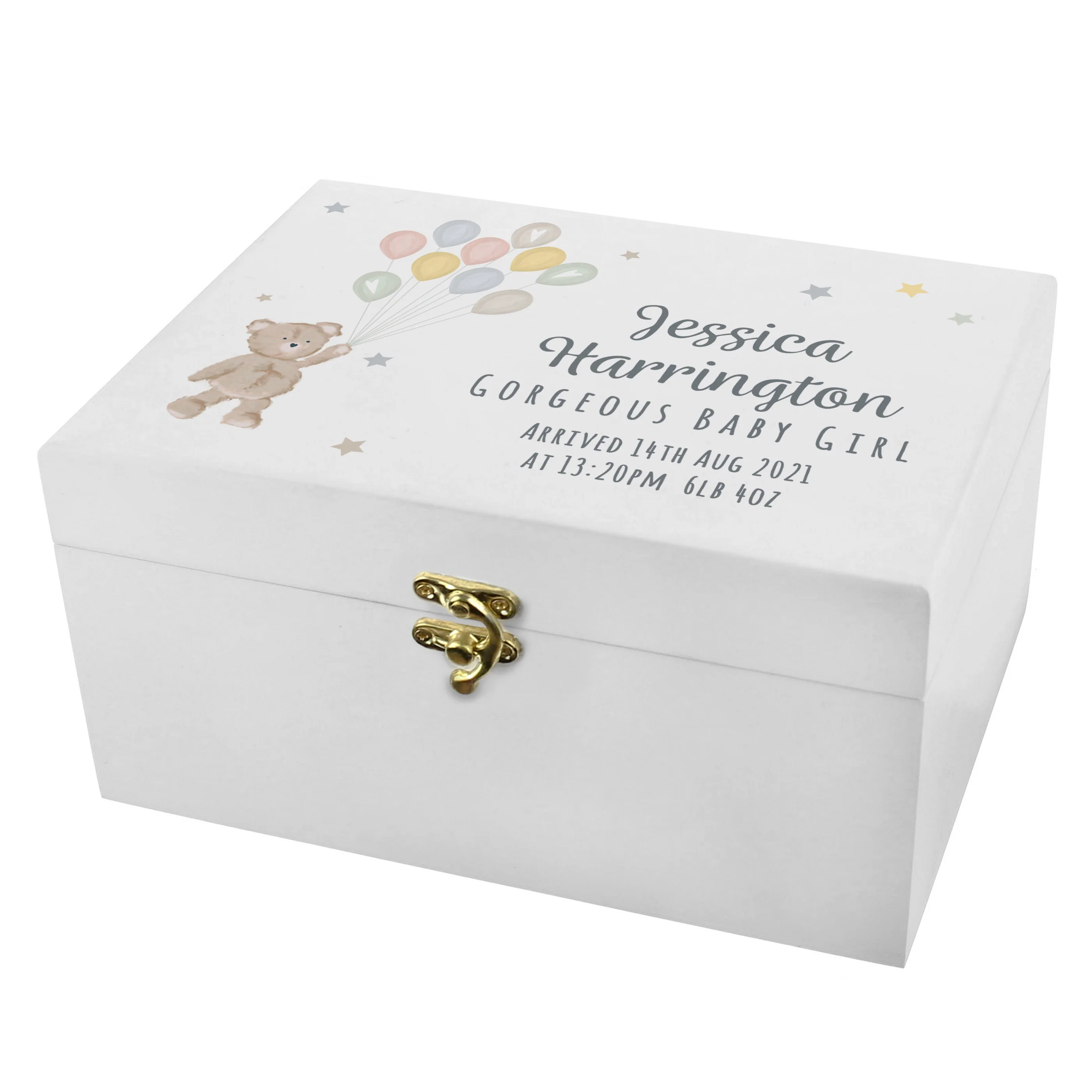 Personalised Teddy & Balloons White Wooden Keepsake Box - Image 2